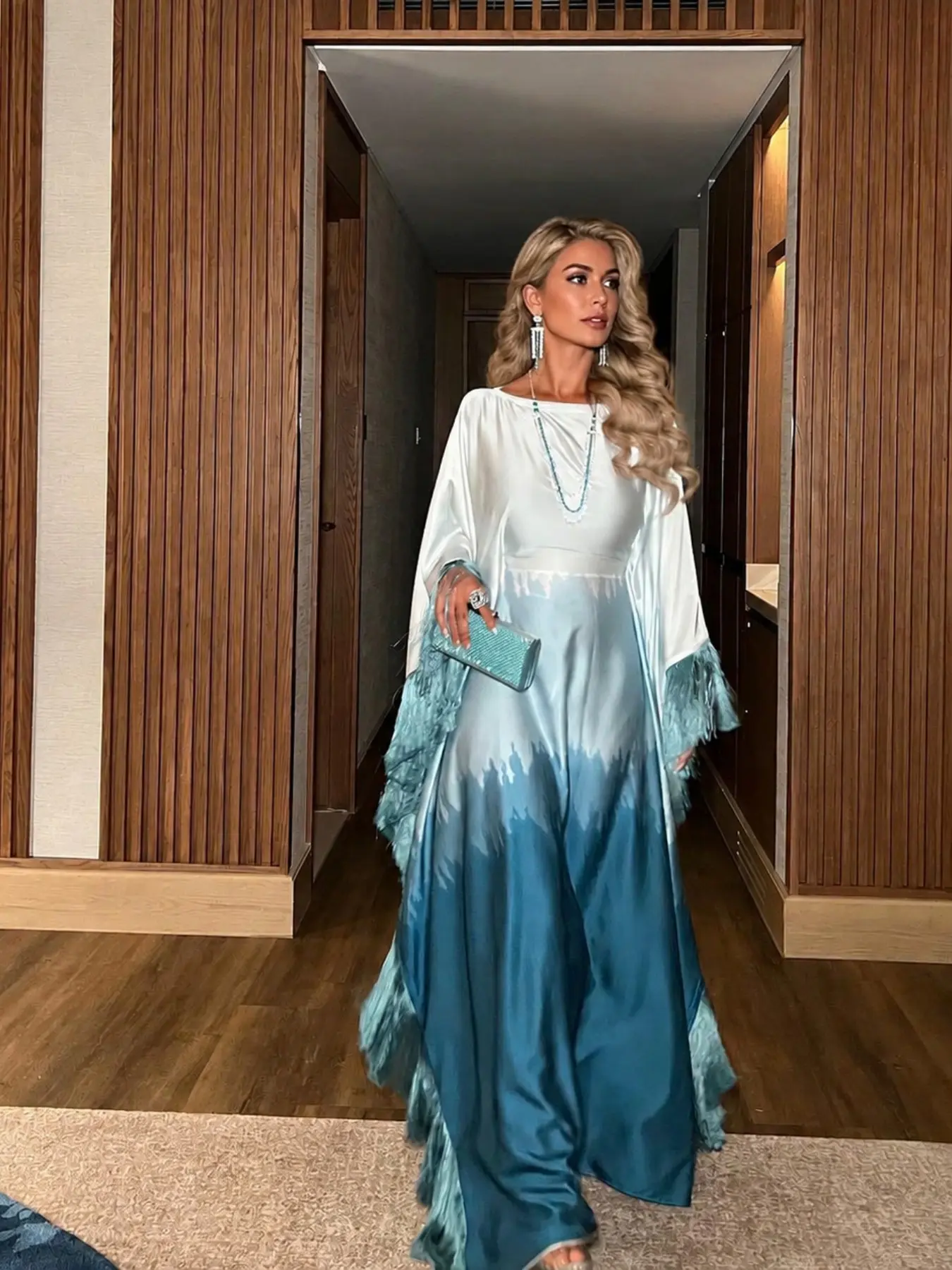 Women's Luxurious Satin Robe Dress, Elegant and Dignified, Fringe Sleeve Design, Perfect for Eid Al-Fitr, Ramadan, Muslim Festivals, Fashion Evening Wear