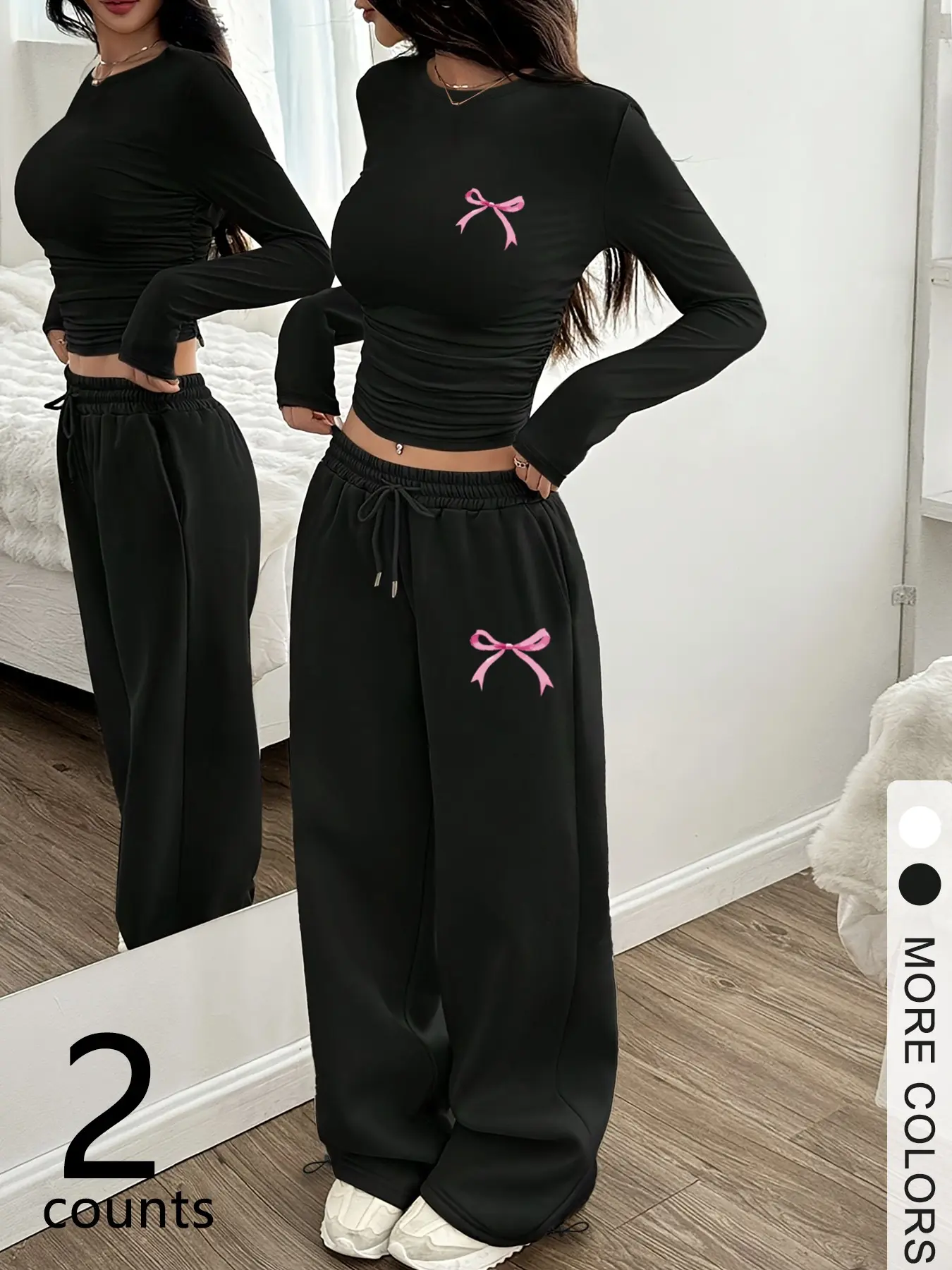 Women's Two-Piece Set with Bow Print, Round Neck T-Shirt and Long Pants, Casual for Fall Winter, Spring Summer Daily Wear