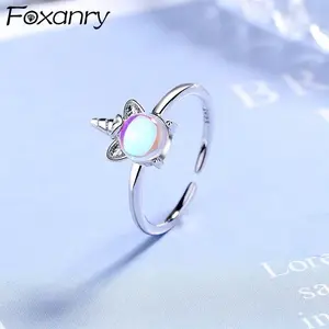 Foxanry Silver Color Unicorn Moonstone Rings For Women Girls Simple Creative Elegant Exquisite Gentle Wedding Bride Jewelry Gift