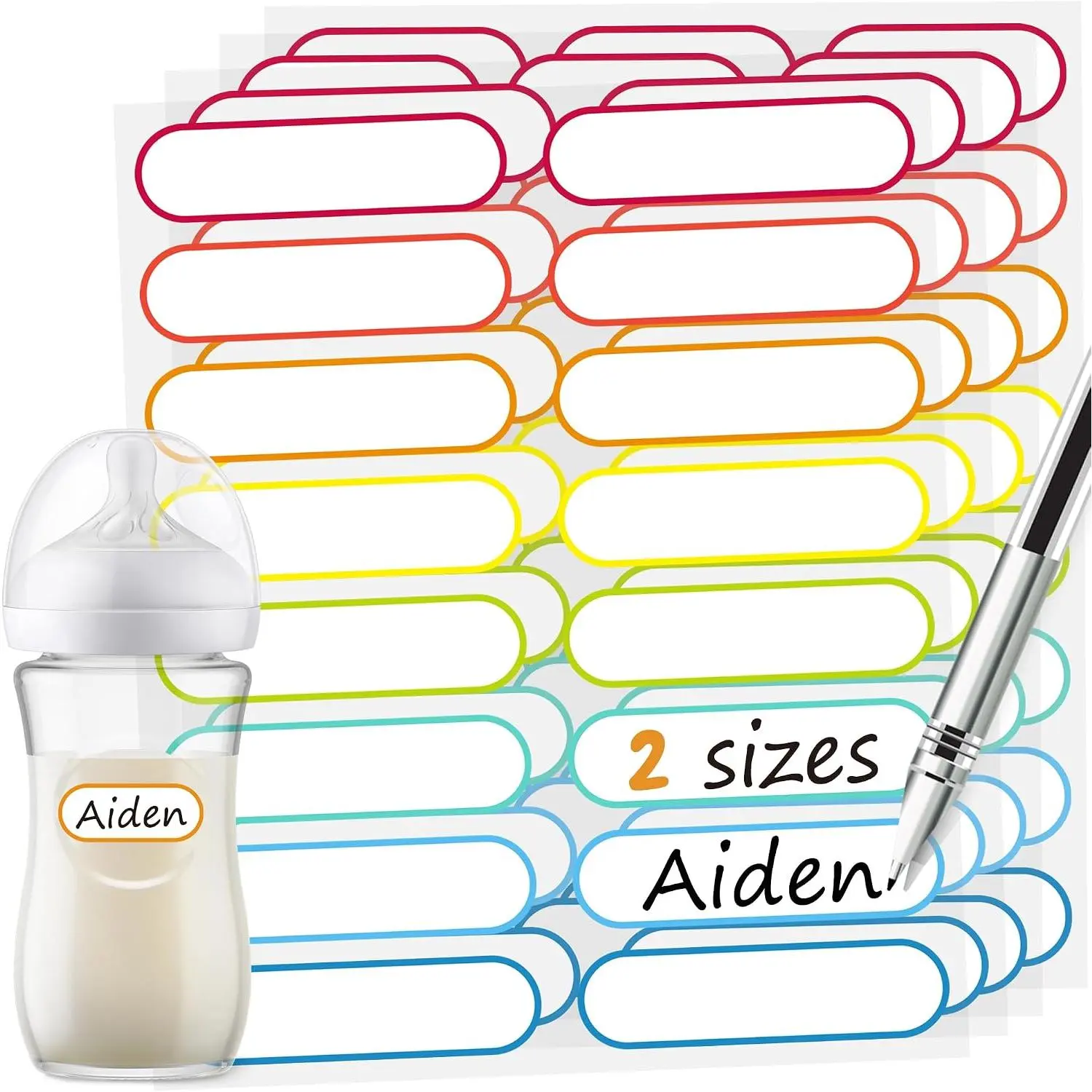 Bottle Labels for , Self-Laminating,  Write- Name Labels,  Sizes & Colors, Pack of 80 (Rainbow)