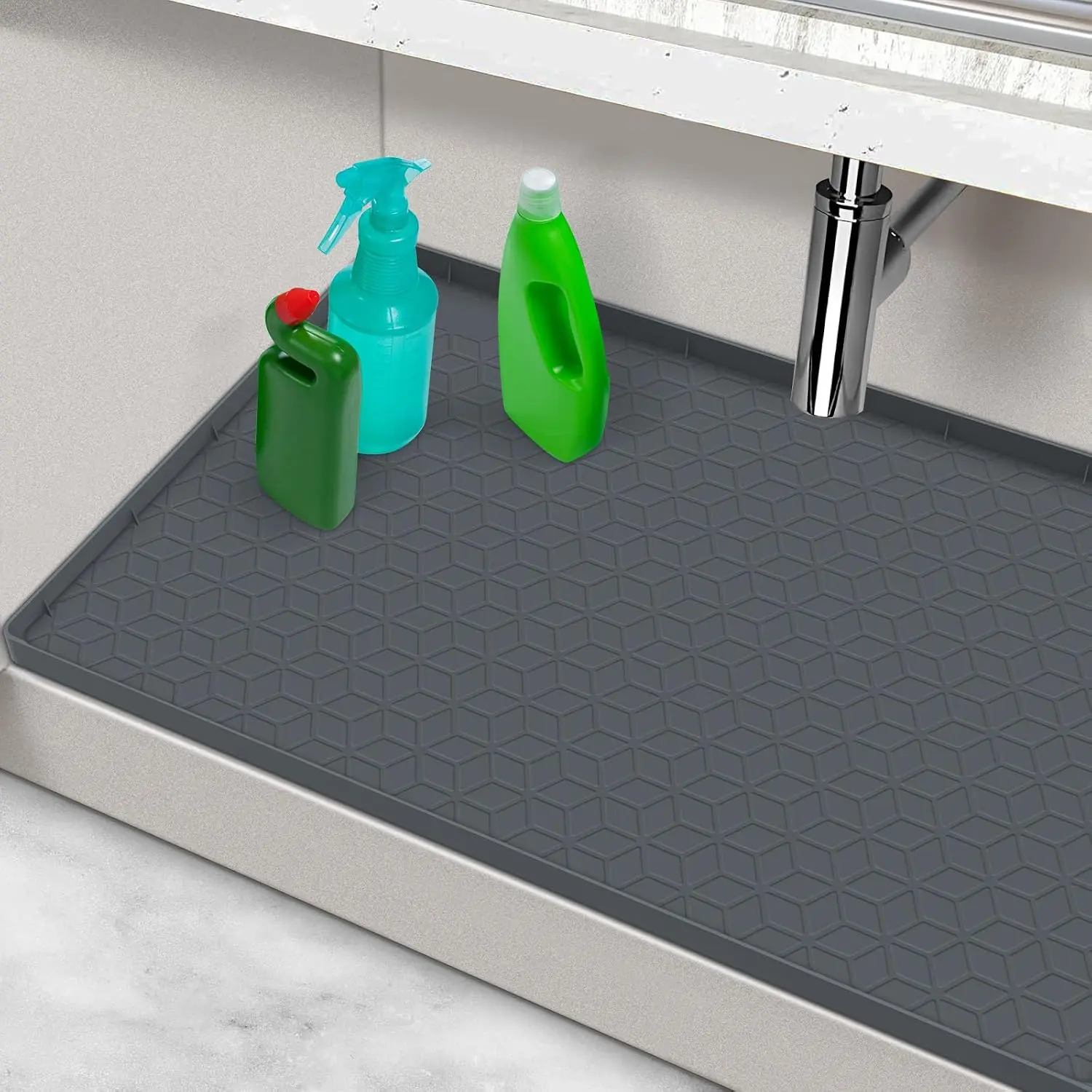 Under Sink  Mat for Kitchen 34" x 22",  Under Kitchen Sink Mats and Protectors for Cabinets, Under Sink Tray Liner, Cabinet Mat for Kitchen Multipurpose  Mats, Rhombic Gray