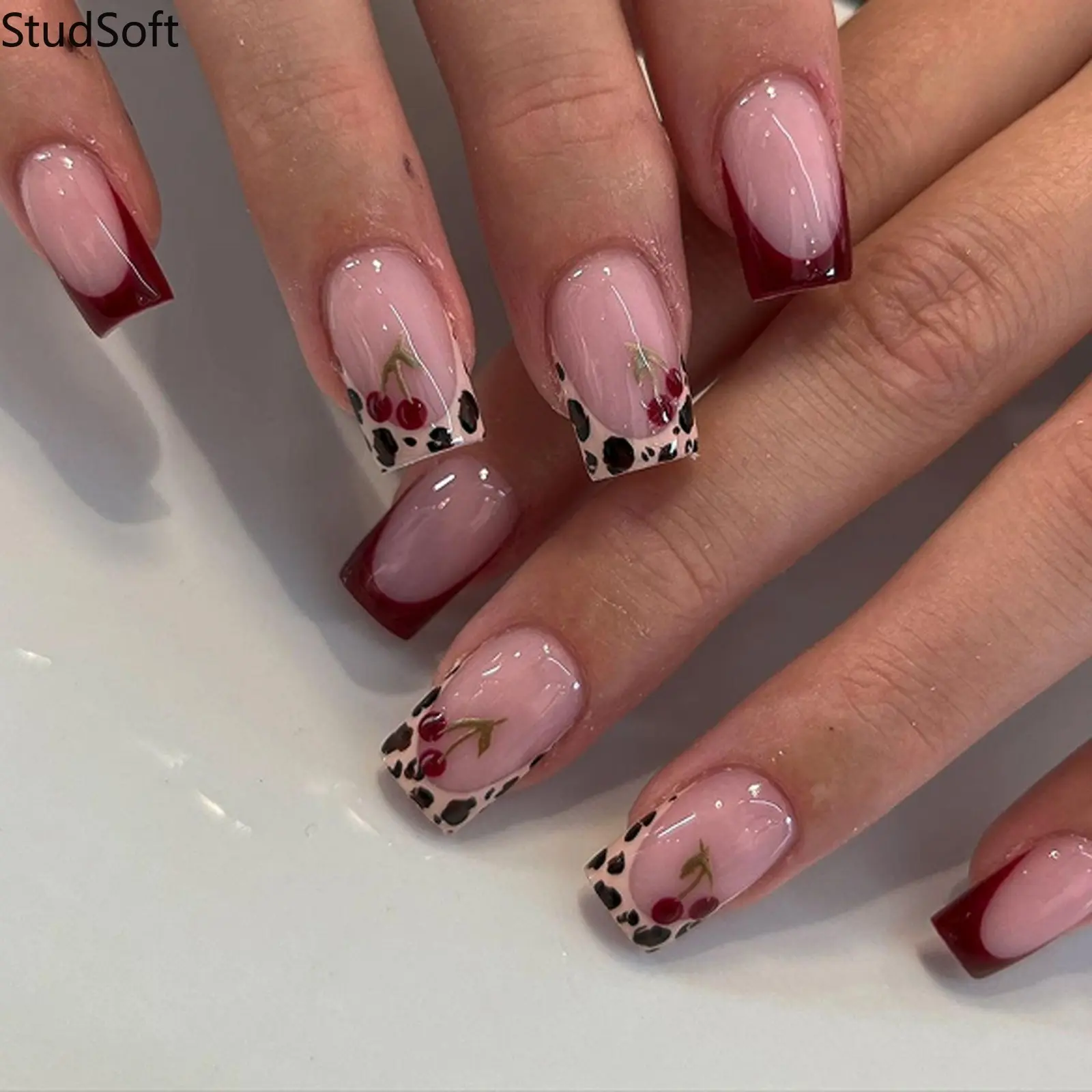 Retro French Tip Press On Nails, 24Pcs Burgundy Set with Leopard & Cherry Print, Medium Square Shape Full Cover for DIY Art, French Tips Nails, Diy Fake Nails,back to school,back to school haul