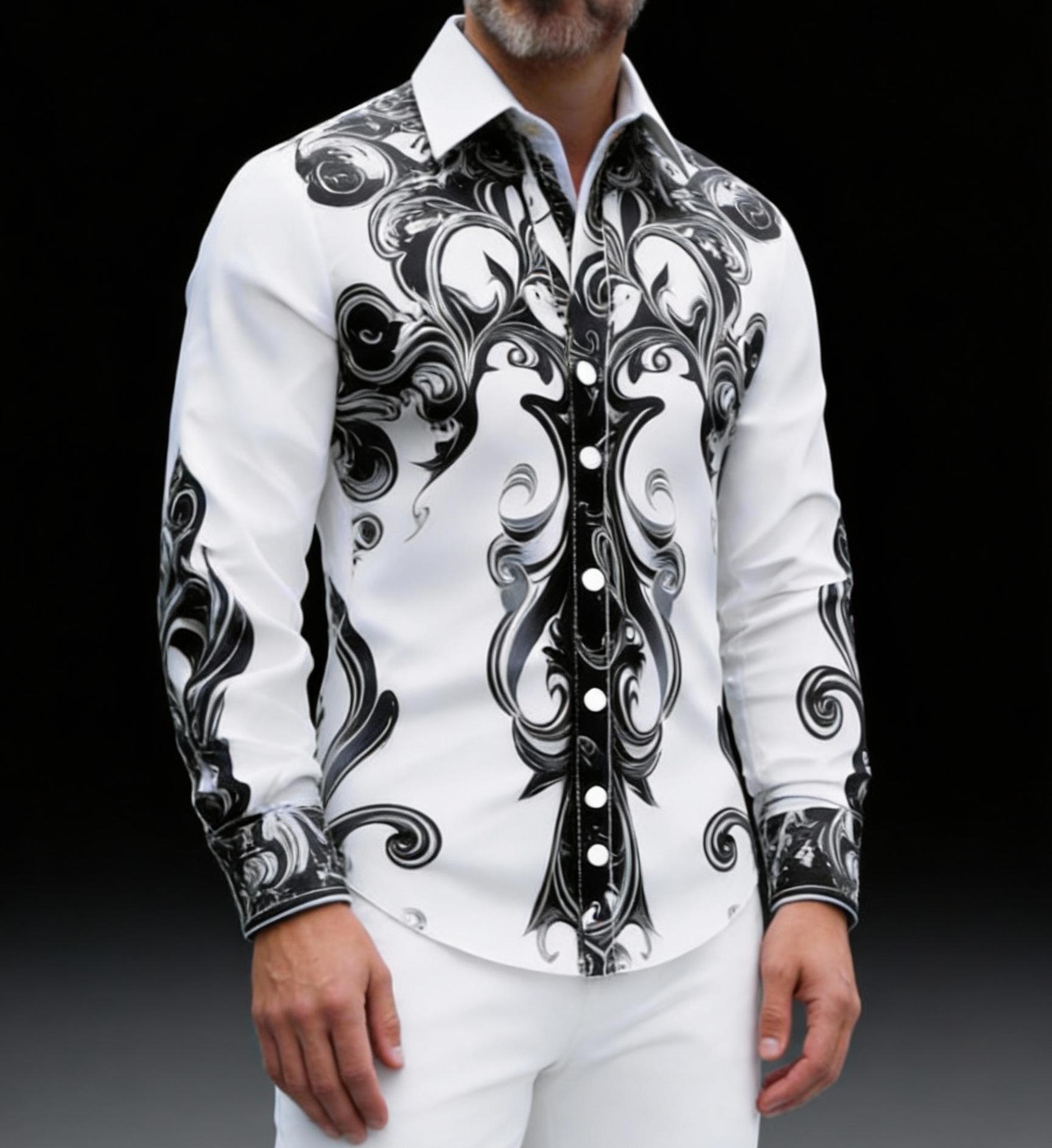 Men's High-End Printed Shirt Black & White Baroque Pattern Slim-Fit Daily Casual Shirt