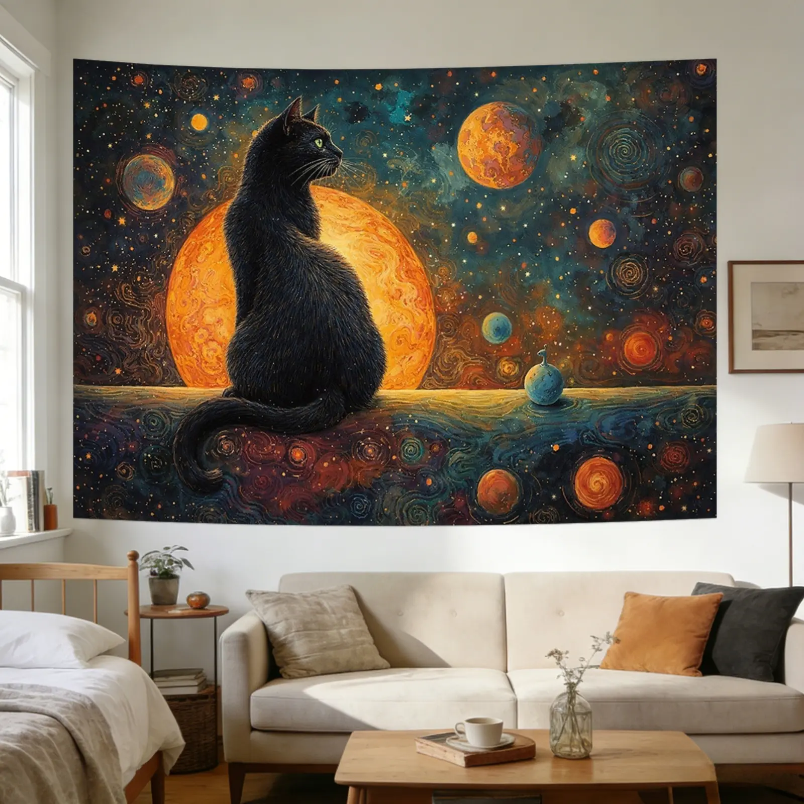 A Large Tapestry Featuring a Black Cat, Stars, Planets, And The Sun, Designed for Wall Decoration in Various Spaces Like Bedrooms, Living Rooms, Meditation Areas, Offices, And Parties., Wall Decor, Knit Fabric, Pure Cotton