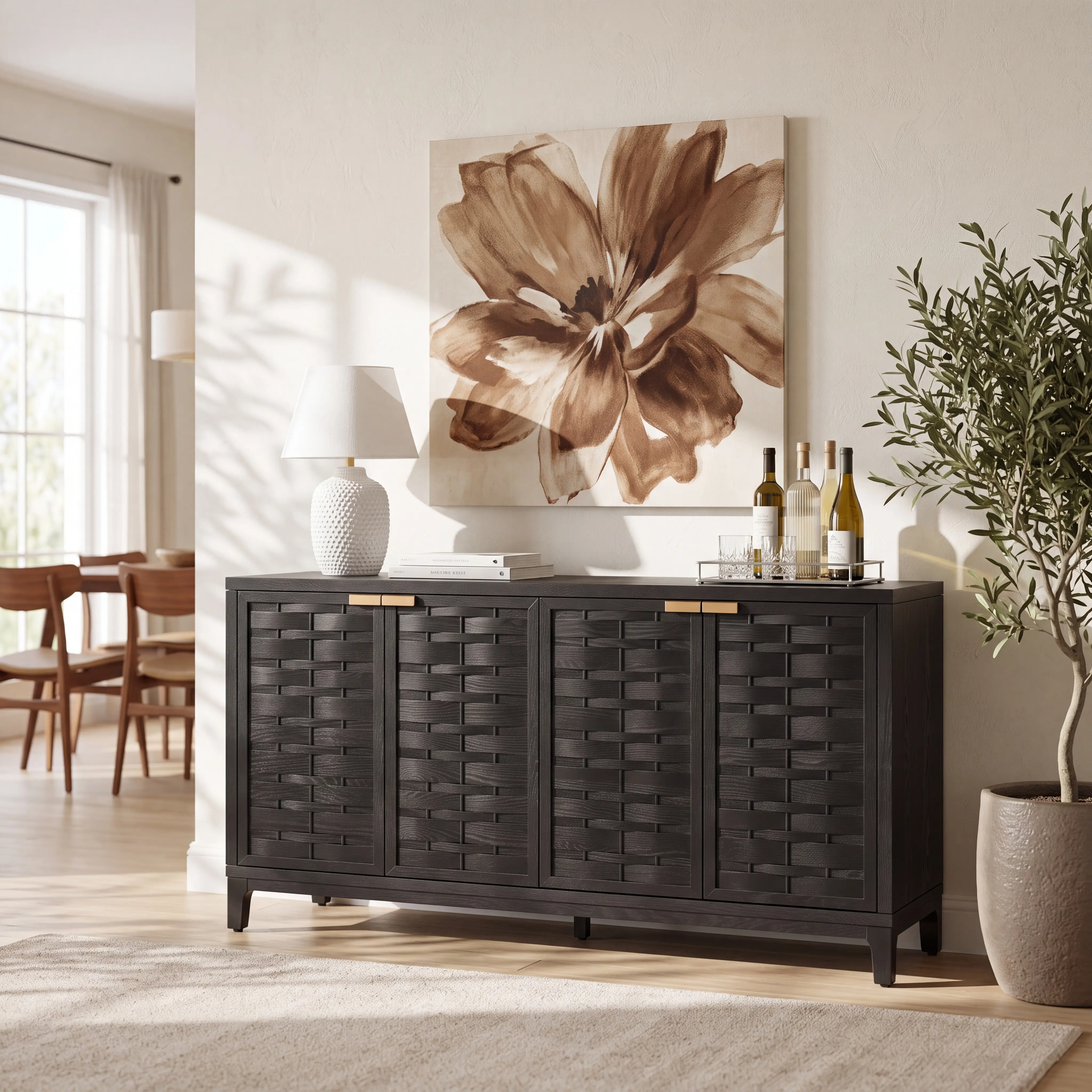ARCH 59 Inch Black 3D Woven 4-Door Sideboard with Solid Wood Legs, Large Capacity Storage Cabinet for Living Room Dining Room, MDF Pine Wood, Mid-Century Modern, 210 lbs Load Capacity, Black Color Options, MDF/Pine Material, Mid-Century Modern/Modern