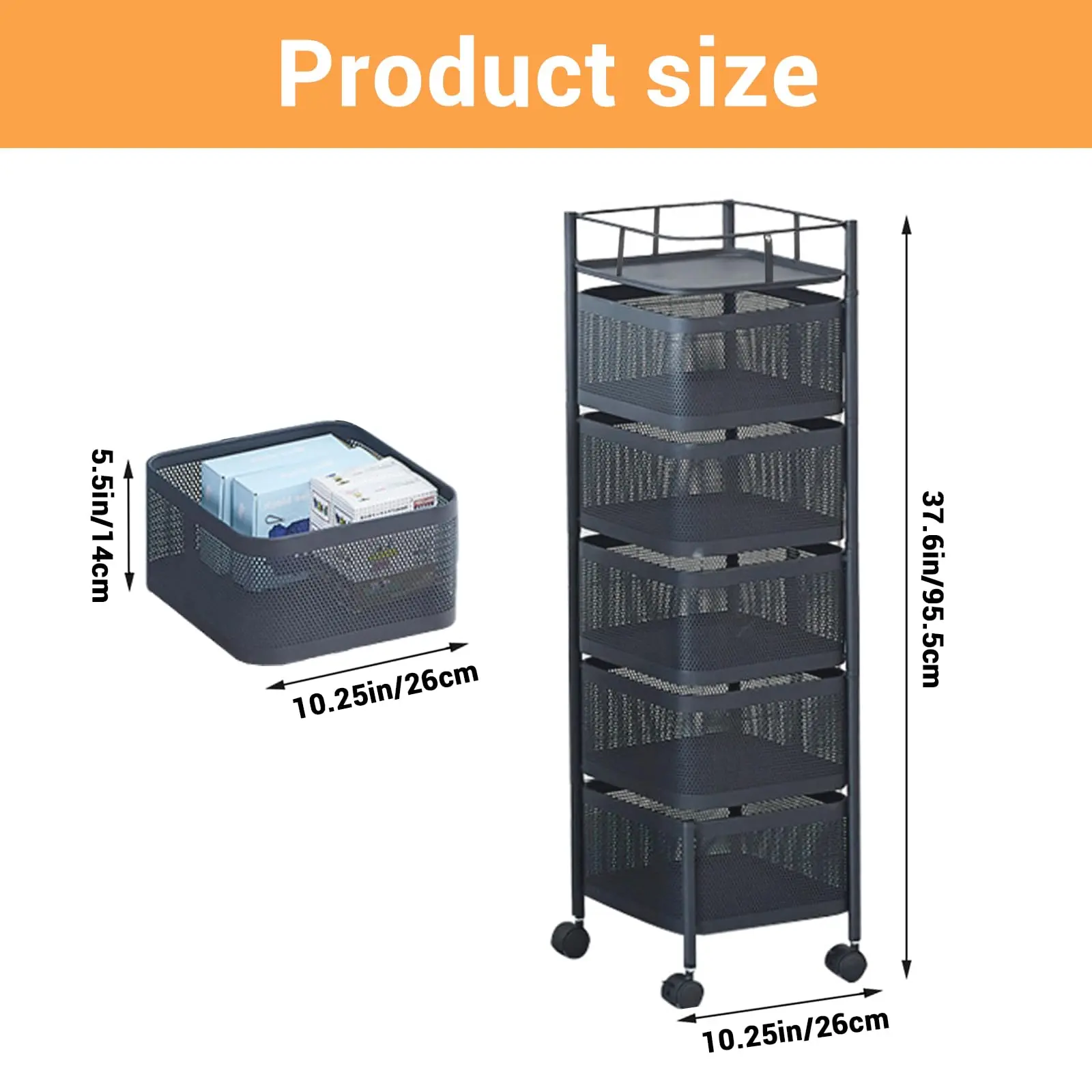 Rotating 5-Tier Metal Mesh Storage Cart – Rolling Kitchen Organizer with Lockable Wheels for Fruits, Vegetables & Snacks, Space-Saving Shelf for Pantry, Bathroom, Living Room – Black/White Available