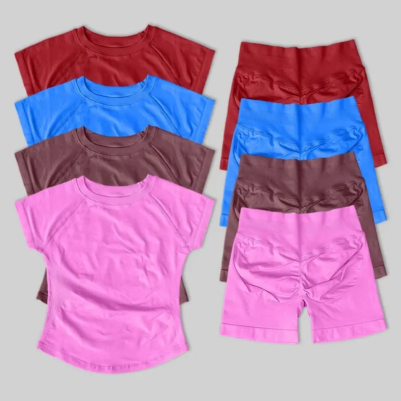 2 Pcs Impact Sets Short Sleeve Seamless Yoga Top Fitness Set Women Workout Running Shorts Gym Suit,Sports,Bra,Leggings,Backless,Halter,Crop,Scrunch,Butt,stylish,activewear,,daily,outfit,,Insulated,Hunting,Camo,mfvim,woman,,athletic,