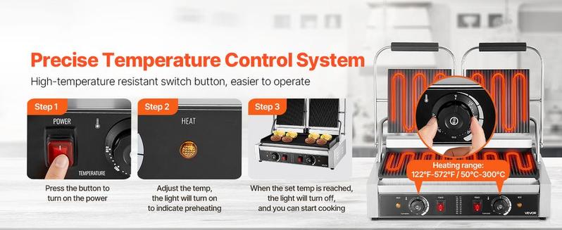 Commercial Panini Grill, 3600W Electric Sandwich Panini Maker, Stainless Steel Double Sandwichs Press with Handle and Temp Control, 19x9 in Full Grooved Enamel Plate, for Hamburger Steak Bacon