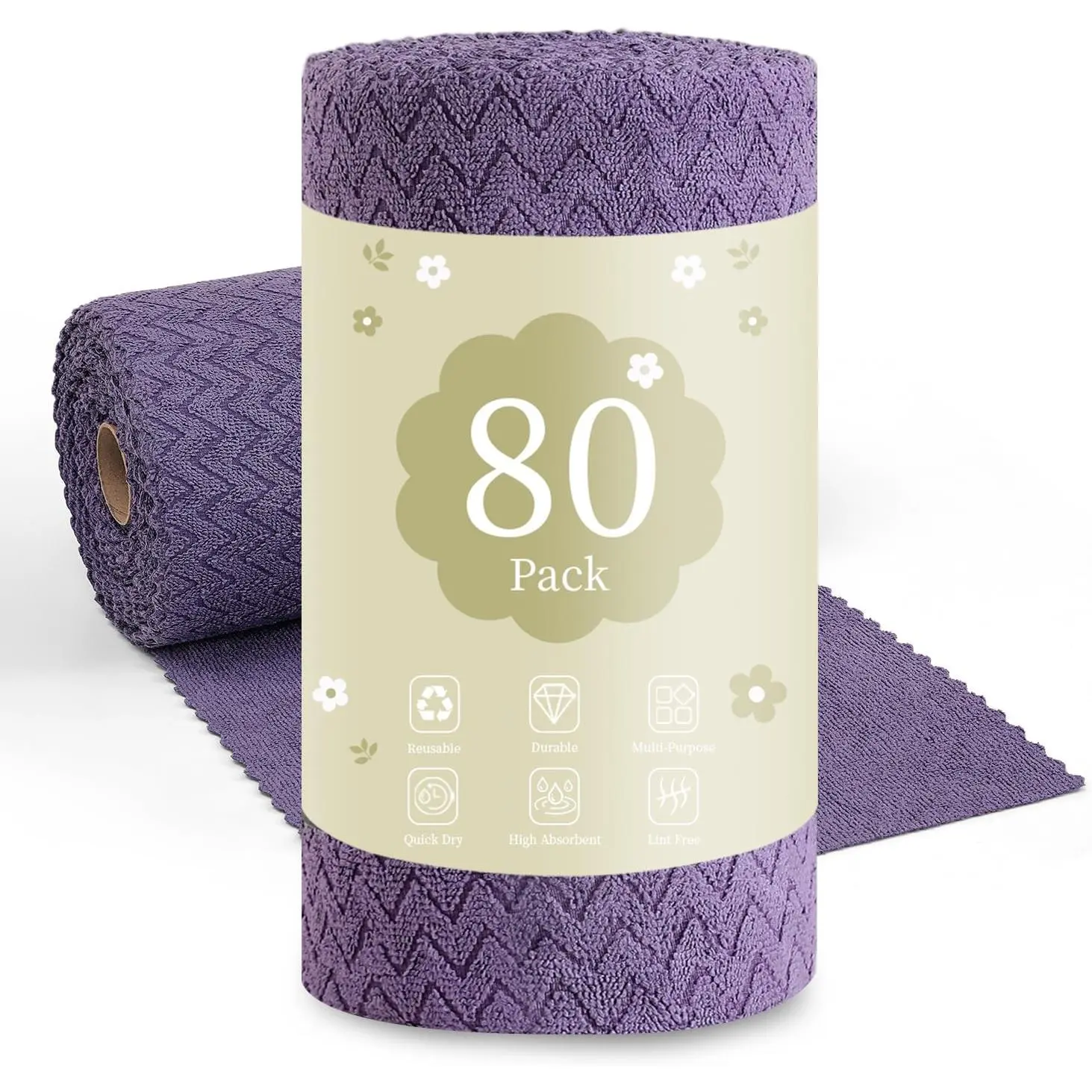 80 Pack Microfiber Cleaning Cloth Roll Reusable Paper Towels 12"x12" Tear Away Cloth,Absorbent Dish Rags for House Kitchen,Wash Cloths,Lint Free Rags for Window Cars Cleaning Supplies