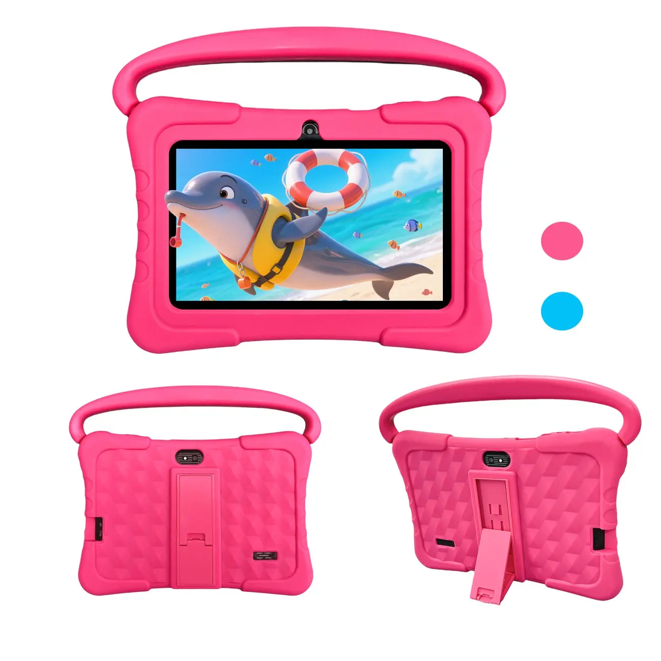 Android 12 upgraded 7-inch kids tablet, drop-proof shell, durable, 5G WiFi, dual cameras, Type-C fast charge, parental control mode, for study & animation, blue/pink optional, student holiday present, USB data cable free. Power adapter not included.