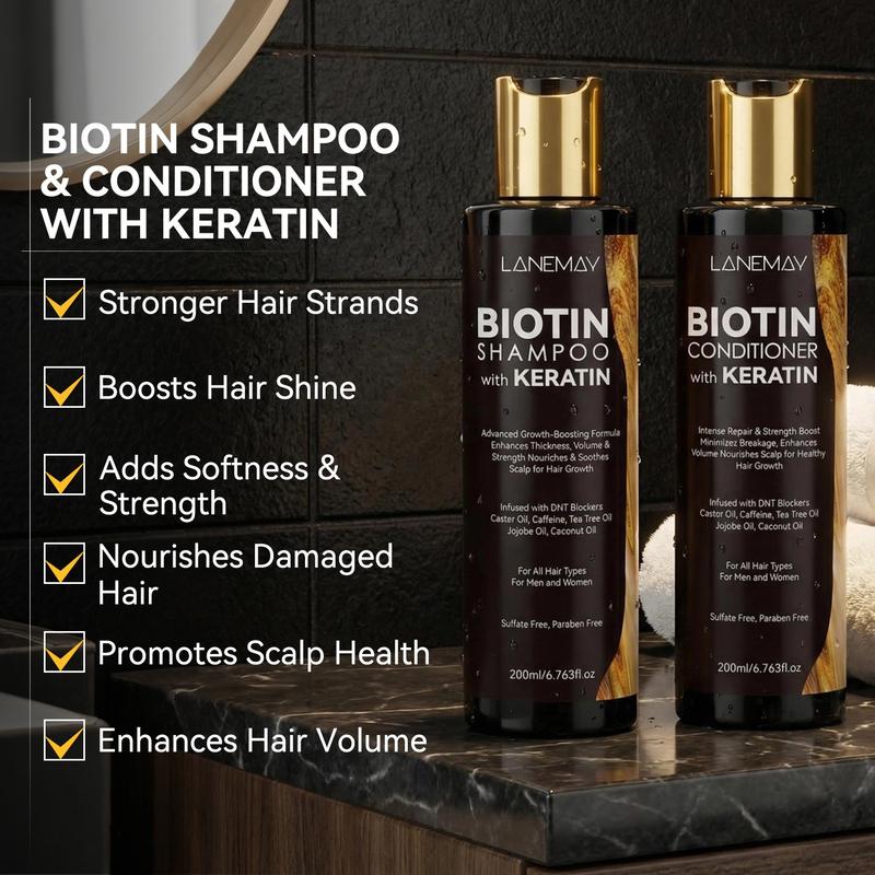 200ml+200ml Biotin Shampoo & Conditioner Set with Keratin - DHT Blockers & Caffeine Formula - Advanced Growth Boosting & Thickness Enhancement - Sulfate Paraben Free Hair Care