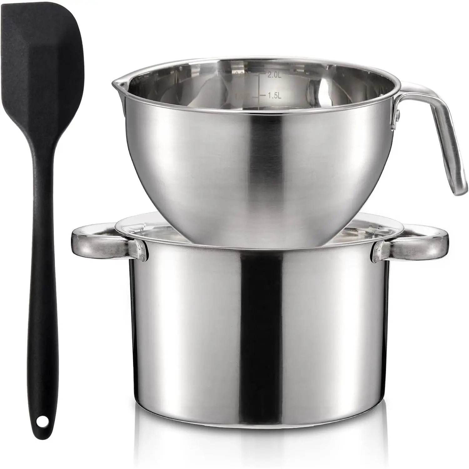 Double Boiler Pot Set with Silicone Spatula, 2000ML/1.8QT Chocolate Melting Pot with 2800ML/2.54QT Stainless Steel Pot, Chocolate Melter for Butter, Caramel, Cheese, Wax Candy Melting