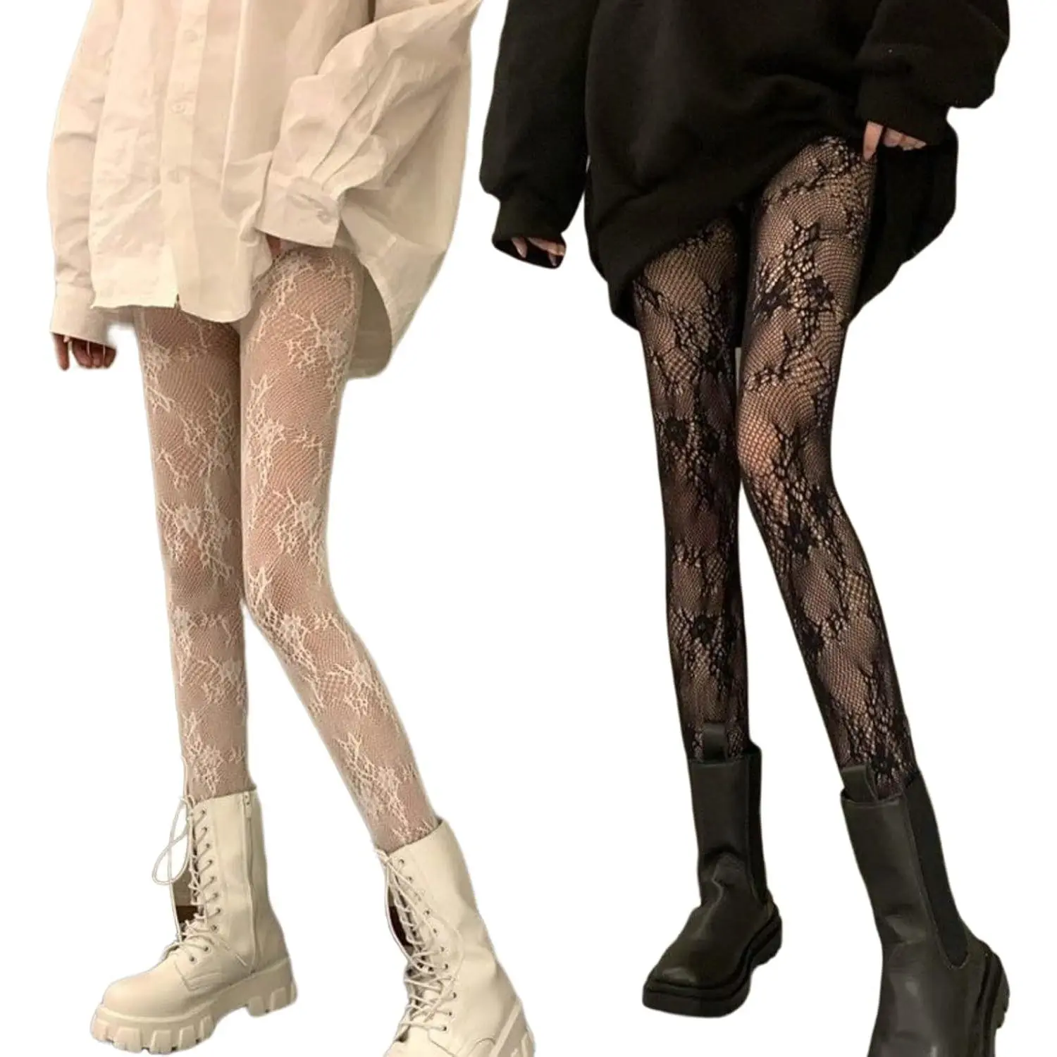 2Pcs Women’s Ultra Stretchable Pantyhose Hollow Floral Patterned Lace Stockings Fishnet Tights Plus Size