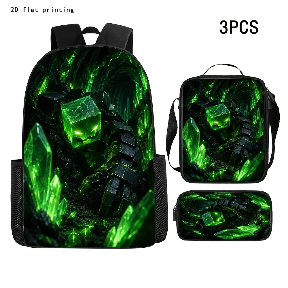 Kids' 3-Piece Oxford Cloth Waterproof Backpack Set Pack - 15in Spacious Laptop Backpack with Zipper, Soft Padded Lightweight Straps, Neon Crystal Zombie Cave Sci-Fi Game Graphic Print, Back to School Lunch Bag
