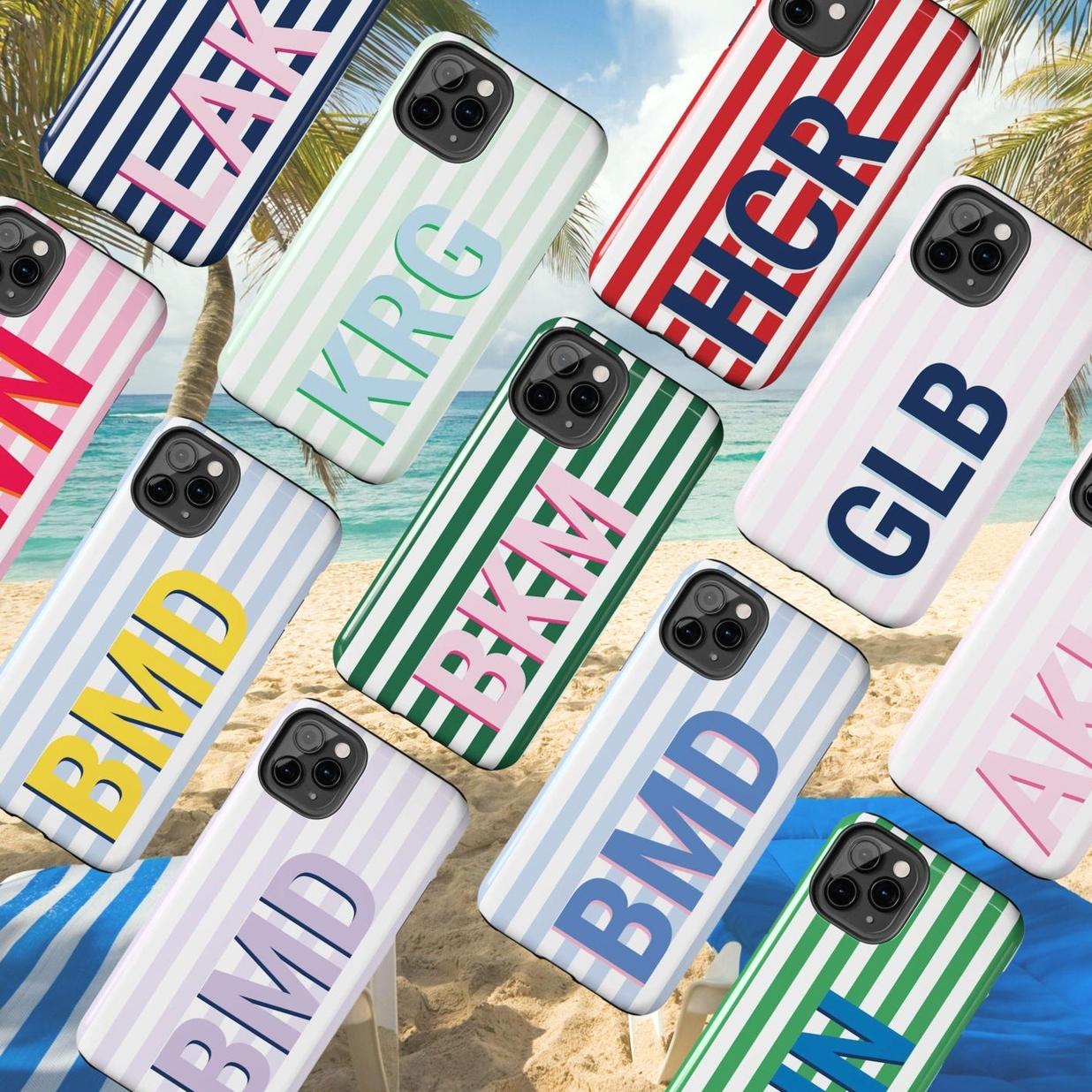 Custom Monogram Initials Case for  phone 11 12 16 15 14 13 17 Shadow Monogram Retro Stripe Summer Beachy Tough Phone Cover Personalized with Initial,Can be given as a gift to friends or family.