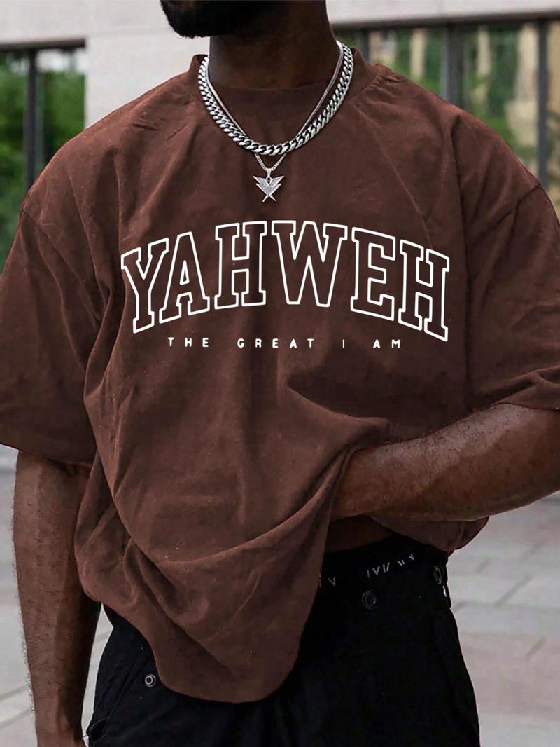 Men's Letter Print Drop Shoulder Tee, Regular Fit Casual Short Sleeve Round Neck T-Shirt for Summer, Fashion Men's Top for Daily Wear, Casual Fit Streetwear