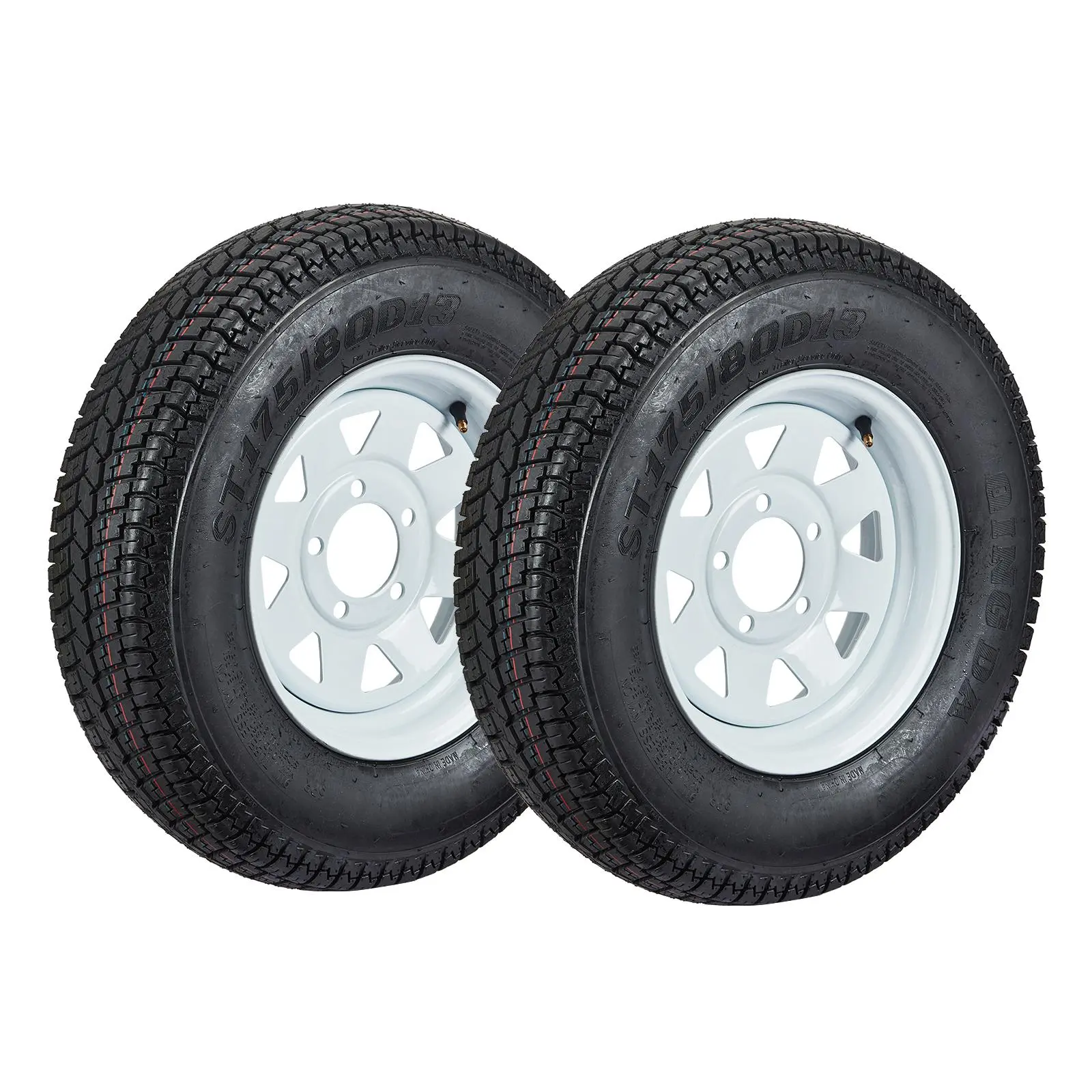 2 Pack ST175/80D13 Tire + Wheel Assemblies, 13" White Steel Rims, 5 on 4.5" Bolt Design, 24" Overall Diameter, 5 Lug, Load Range C, 6 Ply Heavy-Duty Bias-Ply All-Weather Replacement for Boat Utility Cargo Trailers
