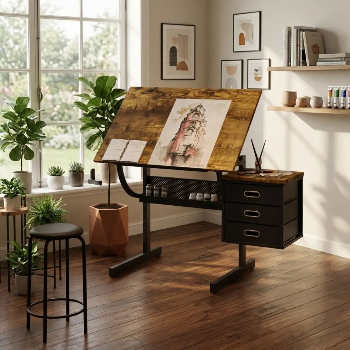 Adjustable Rectangular Black Drafting Desk with Matching Stool - 3 Drawers, 15mm E1 MDF & Metal Board, 45.67x23.60x29.50 in, 39.00 lbs, Cup Holder, Foldable Mid-Century Bamboo Durable Home Office Furniture, Easy Setup - No Single Box Assembly Required