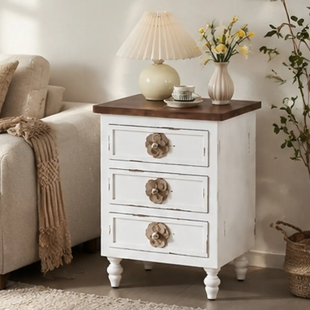 ARCH Vintage Farmhouse End Table with 3 Drawers, 19" Rustic Nightstand for Bedroom, Solid Wood+MDF Bedside Table with Floral Knobs & Gourd Legs, Distressed White/Walnut Options, Accent Sofa Table, Antique White/Walnut Color Options