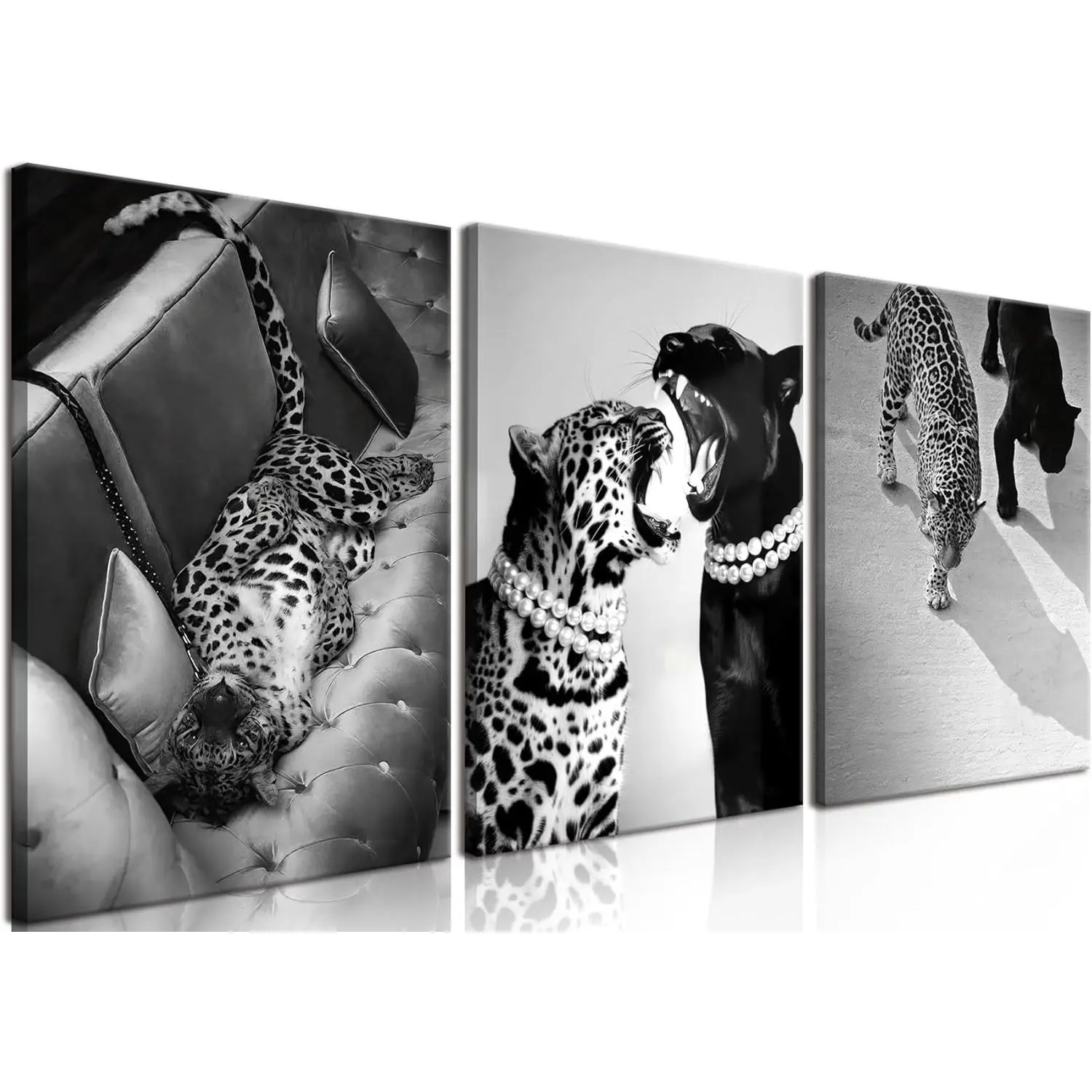 Framed Cheetah Vintage Wall Art Set of 3, Trendy Wild Leopard Pictures Wall , Black and White Cheetah Canvas Prints for Living Room Bedroom Corridor Apartment 12×16 inch