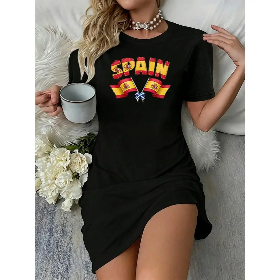 Women's Stitch Texture Spandex T-Shirt Dress - Spain Cross National Flag Graphic, Oversized Loose Short Sleeve, Crew Neck, Breathable Lightweight Streetwear, Casual Wear, for Daily & Dates
