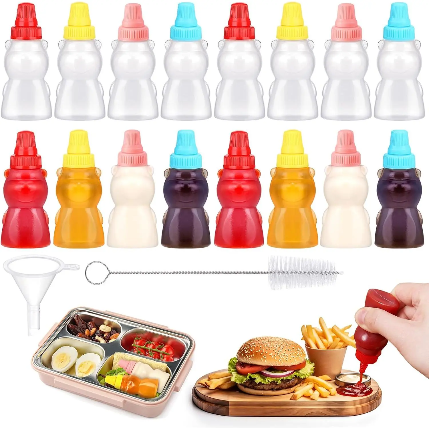 16 count Mini Condiment Squeeze Bottles Set,16 Pcs 25 Ml  Shaped Mini Ketchup Bottle for Lunch Box with Cleanbrush Funnel Accessories for Ketchup, Liquids, Sauces Syrup