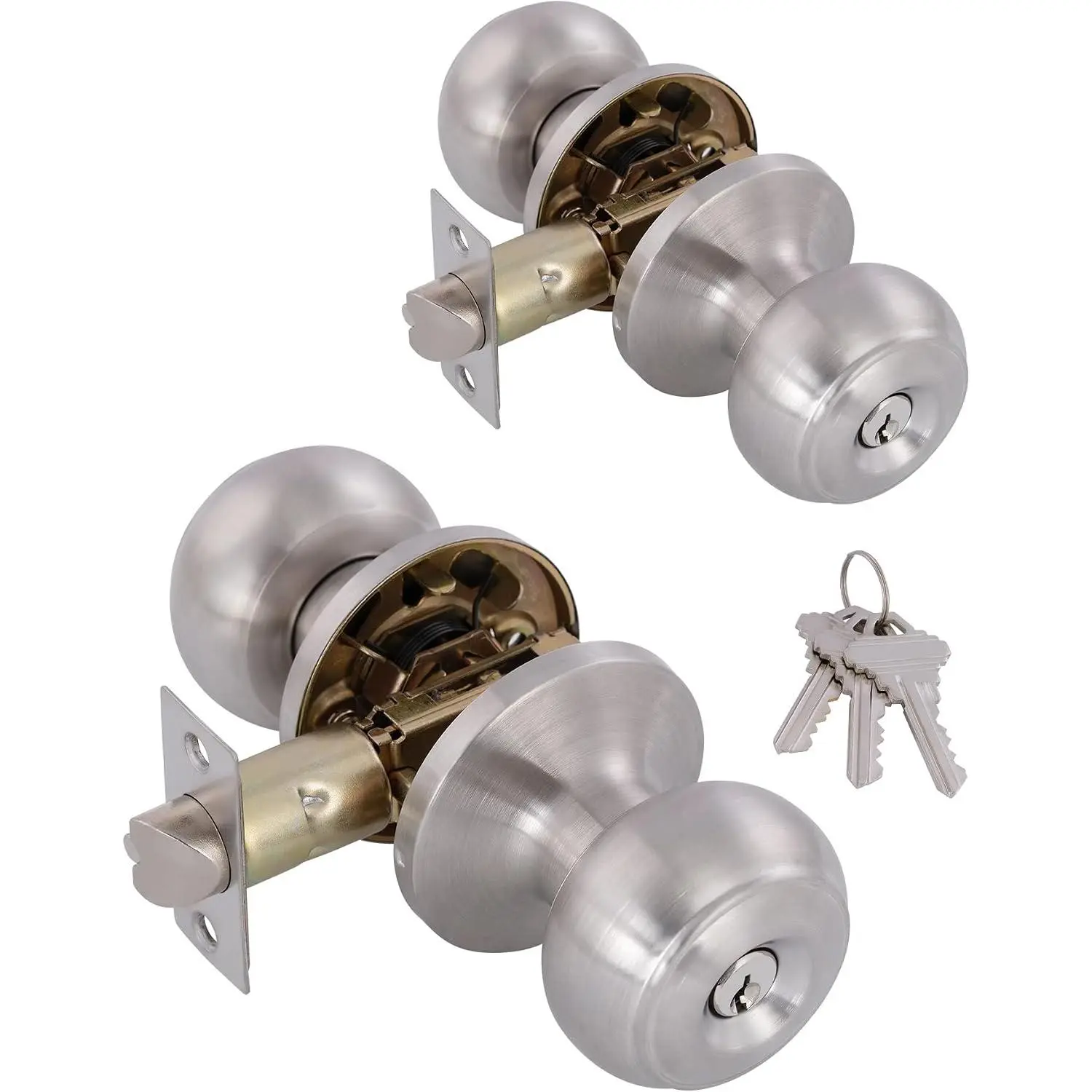 (2 Pack Door Knobs Interior Keyed Difference Entry Front Bedroom Doorknobs with Lock Flat Ball Handle Lock Sets in Satin Nickel