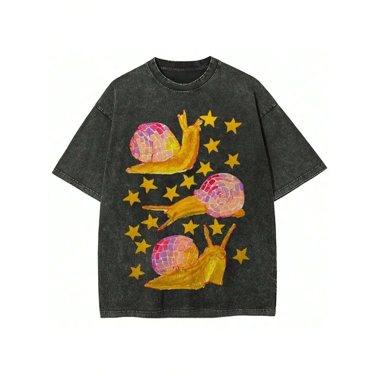 Men's Graphic T-Shirt, Retro Washed Cotton Oversized Short Sleeve with Disco Snail Stars Print, Round Neck Streetwear Tee for Fitness, Wrinkle, Shortsleeve, Graphic Shirts