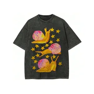 100% Washed Cotton Vintage Distressed Disco Snail Golden Star Graphic T Shirt Colorful Mosaic Shell Party Snail Print Unisex Oversized Crew Neck Streetwear Short Sleeve Tee