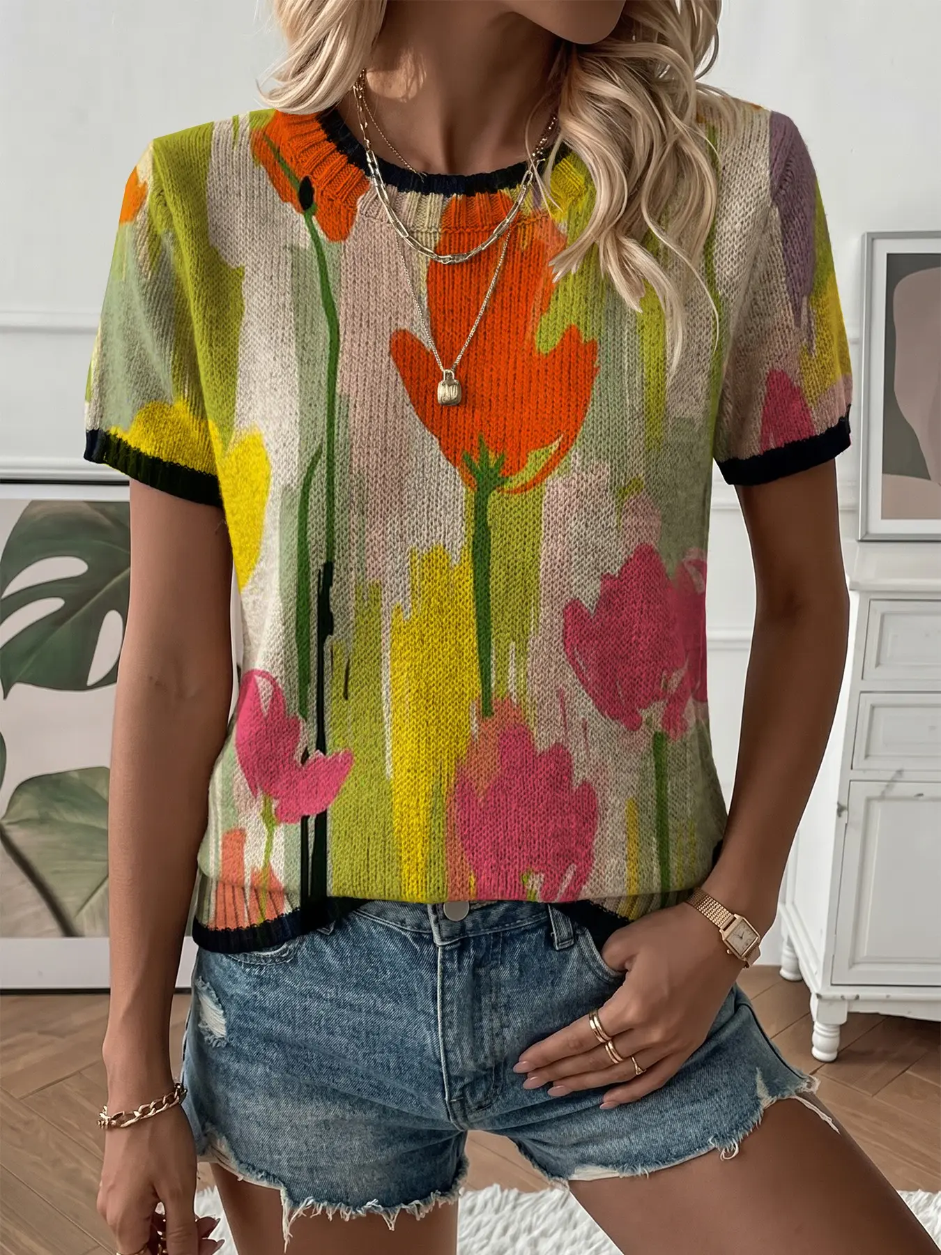 Geometric Colorblock Print Round Neck Sweater, Casual Short Sleeve Knit Top, Comfortable Warm Women's Clothing, Fall Winter Upper Garment