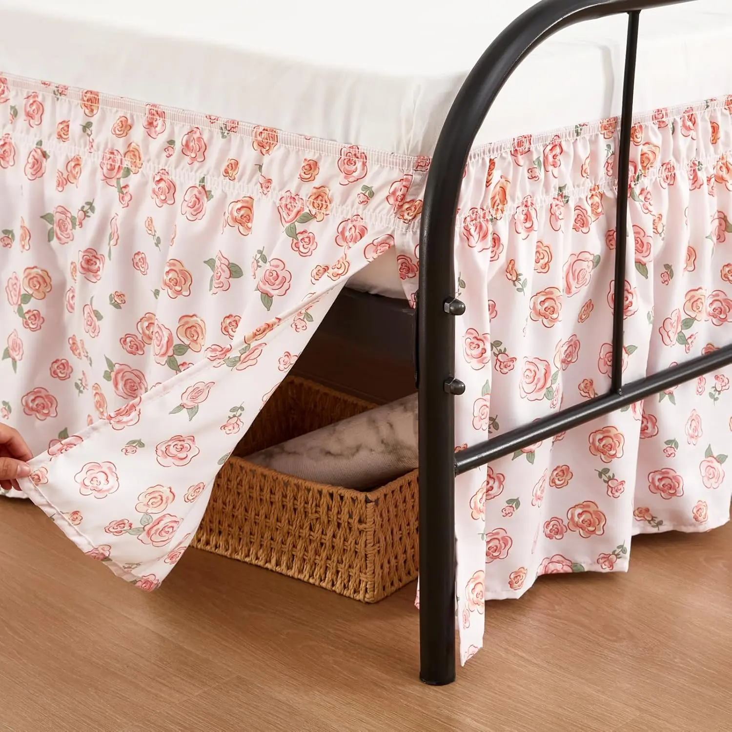 Pink Rose Floral Bed Skirts with Split Corners Queen Size 15 Inch Drop,Elastic Bed Skirting Wrap Around, Easy Install Dust Ruffles Soft Machine Washable