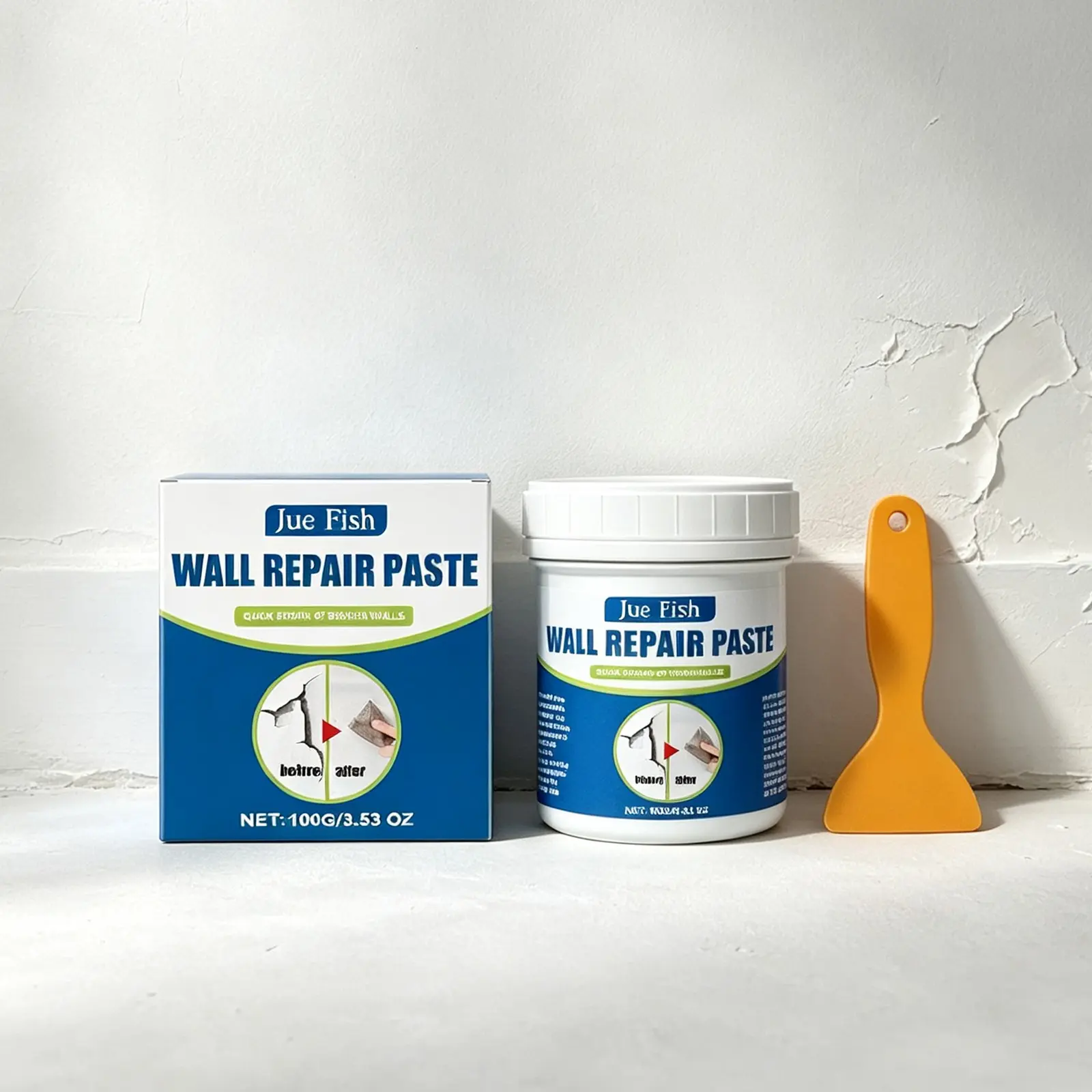 Jue-Fish Wall Repair Putty 100g with Spatula, Stain Covering Agent, Prevents Moisture, Fixes Cracks, Ideal for Paint Chipping Walls