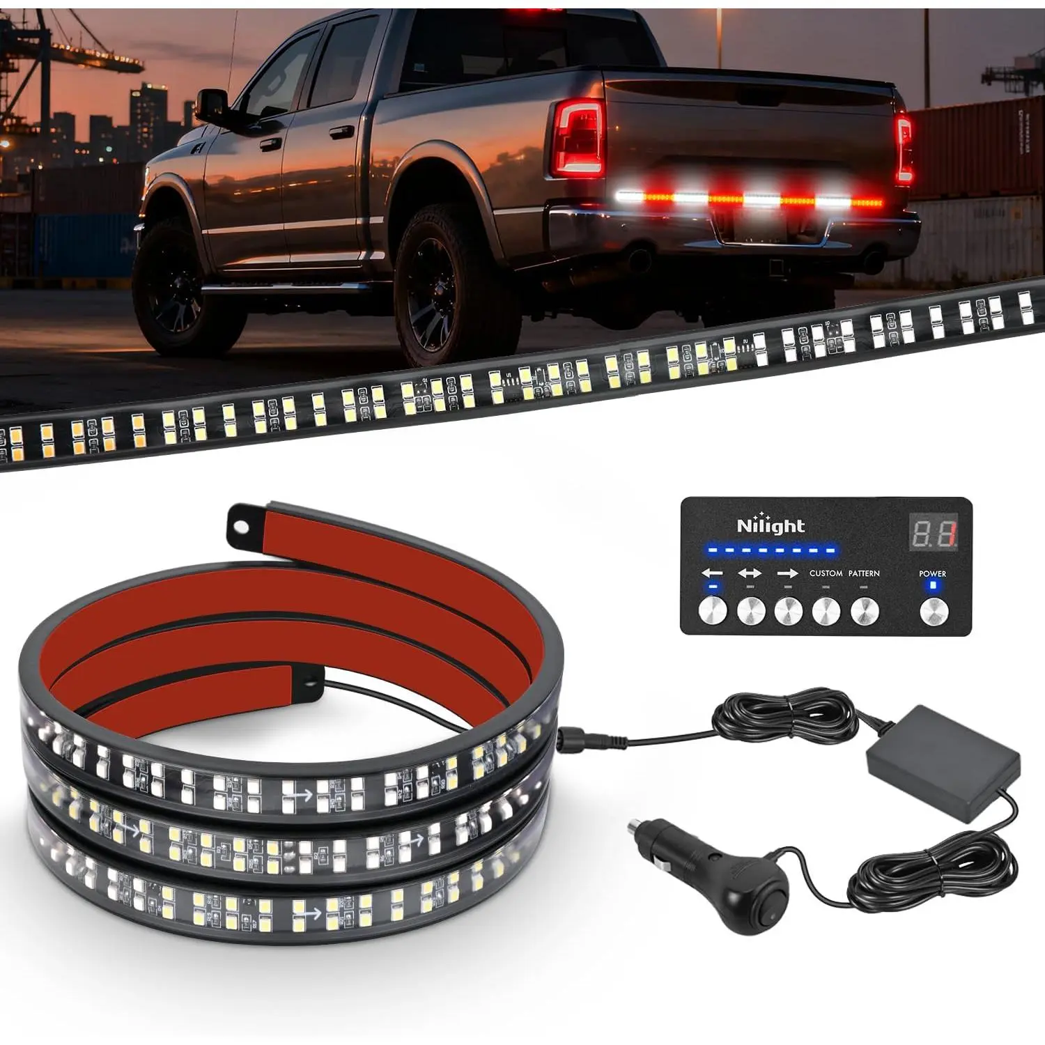 Nilight 49-inch Dual-Row Strobe LED Light Strips with Controller, PVC Hose, Cable Ties, Plug 'n' Play Installation, 288 High-Brightness LEDs, Strobe Modes, Safety Lighting, LED Display for Tow Trucks, Trailers (Red White), 24.4 Ft