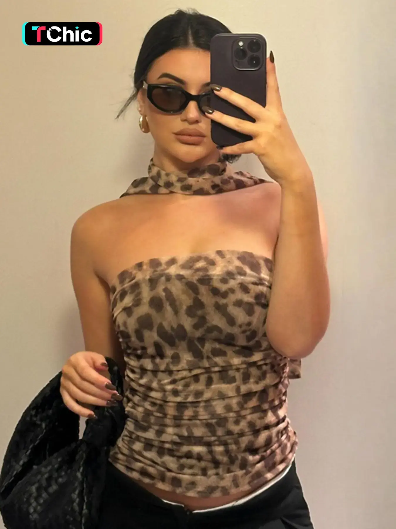 Women's Leopard Print Ruched Mesh Tube Top with Scarf, Casual Strapless Allure Sleeveless Top for Summer, Ladies Clothes for Party Club Beach Vacation, Tube Top, Fit