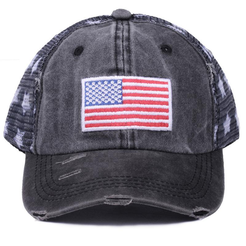 Washed cotton vintage baseball cap with embroidery, American flag embroidered cap, mesh cap, five-pointed star mesh cap