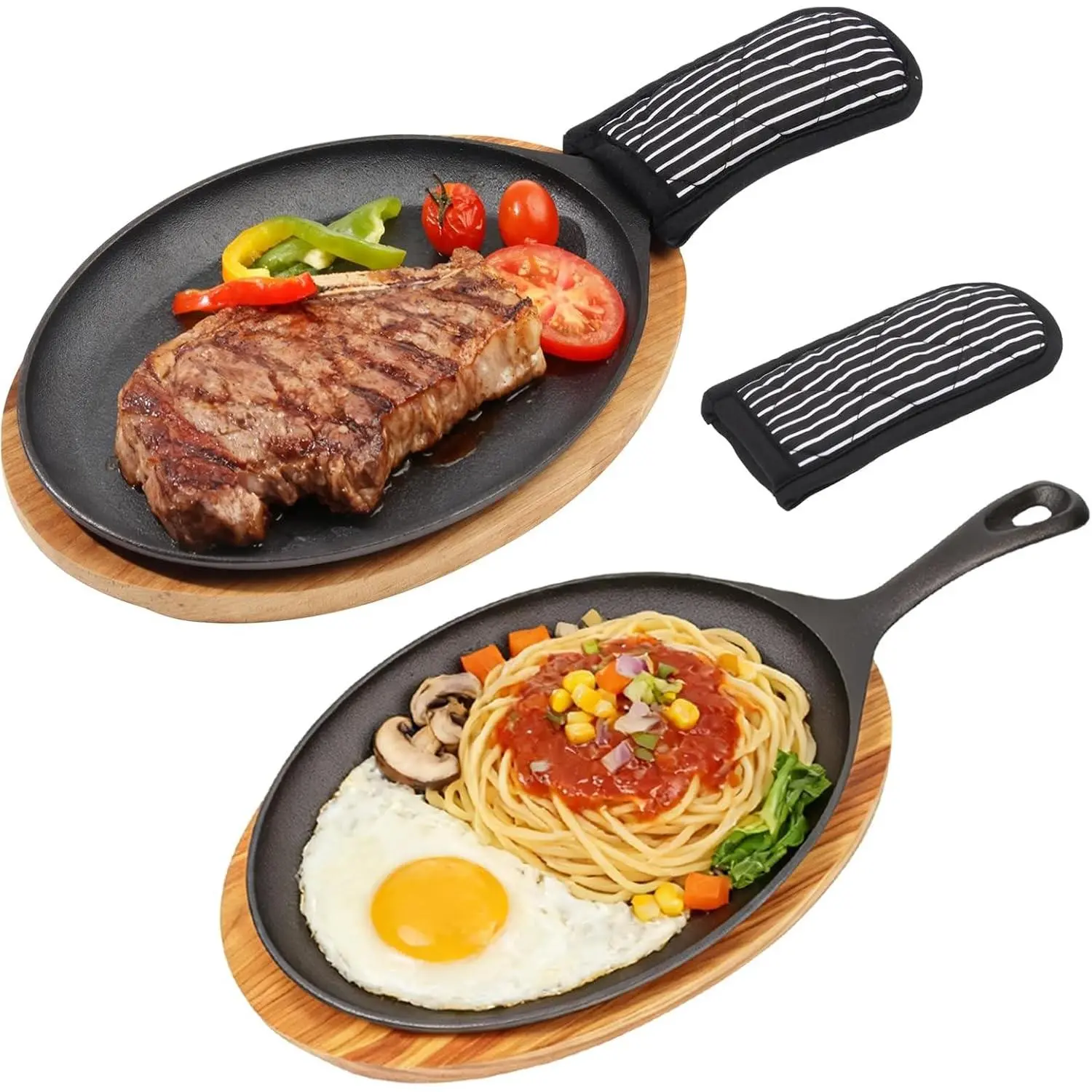 2 Sets Cast Iron Fajita Skillet Sizzling Plate with Wooden Base & Anti Scald Hot Handle Cover for Home Barbecue Kitchen Party Restaurant Catering Service