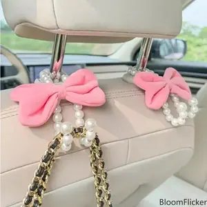 Cute Pearl Bowknot Car Seat Back Headrest Hooks, Multi-Purpose Decorative Car Interior Hanging Organizer, Stylish Auto Accessory For Women Daily Storage