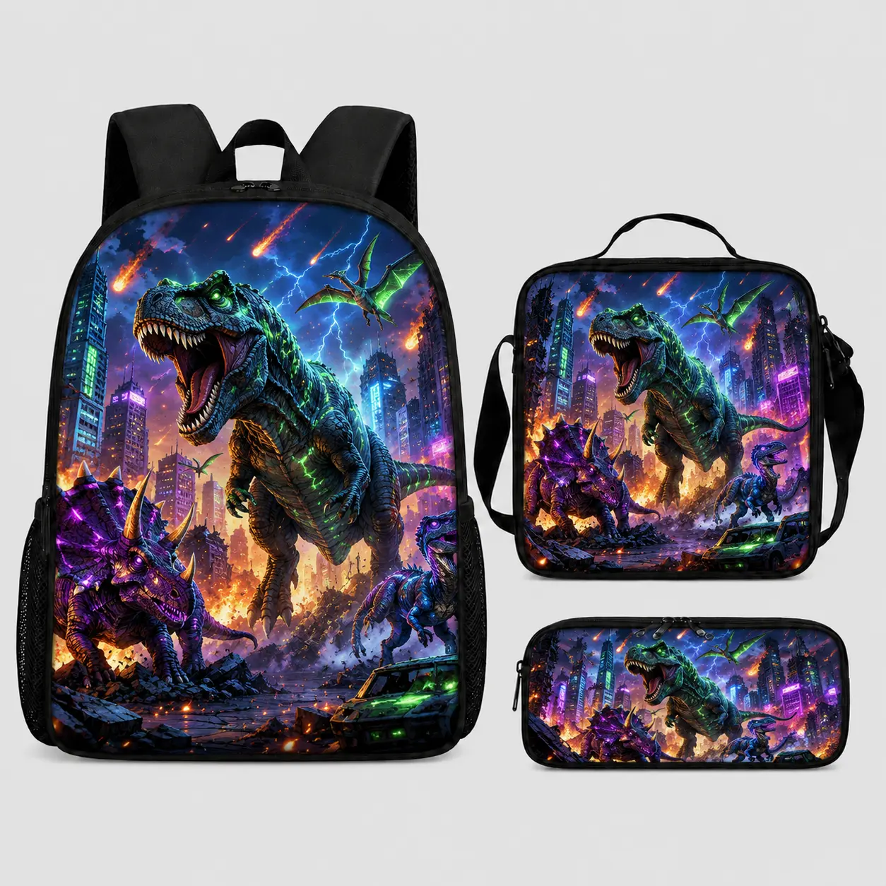 3PCS Dinosaur Backpack Set for Boys Girls, Kids School Backpack with Lunch Bag and Pencil Case, Roaring T-Rex Bookbag for Elementary Students, Back to School Supplies, Large Capacity Travel Daypack with Side Pockets, Cool Dino City Graphic Print Gift