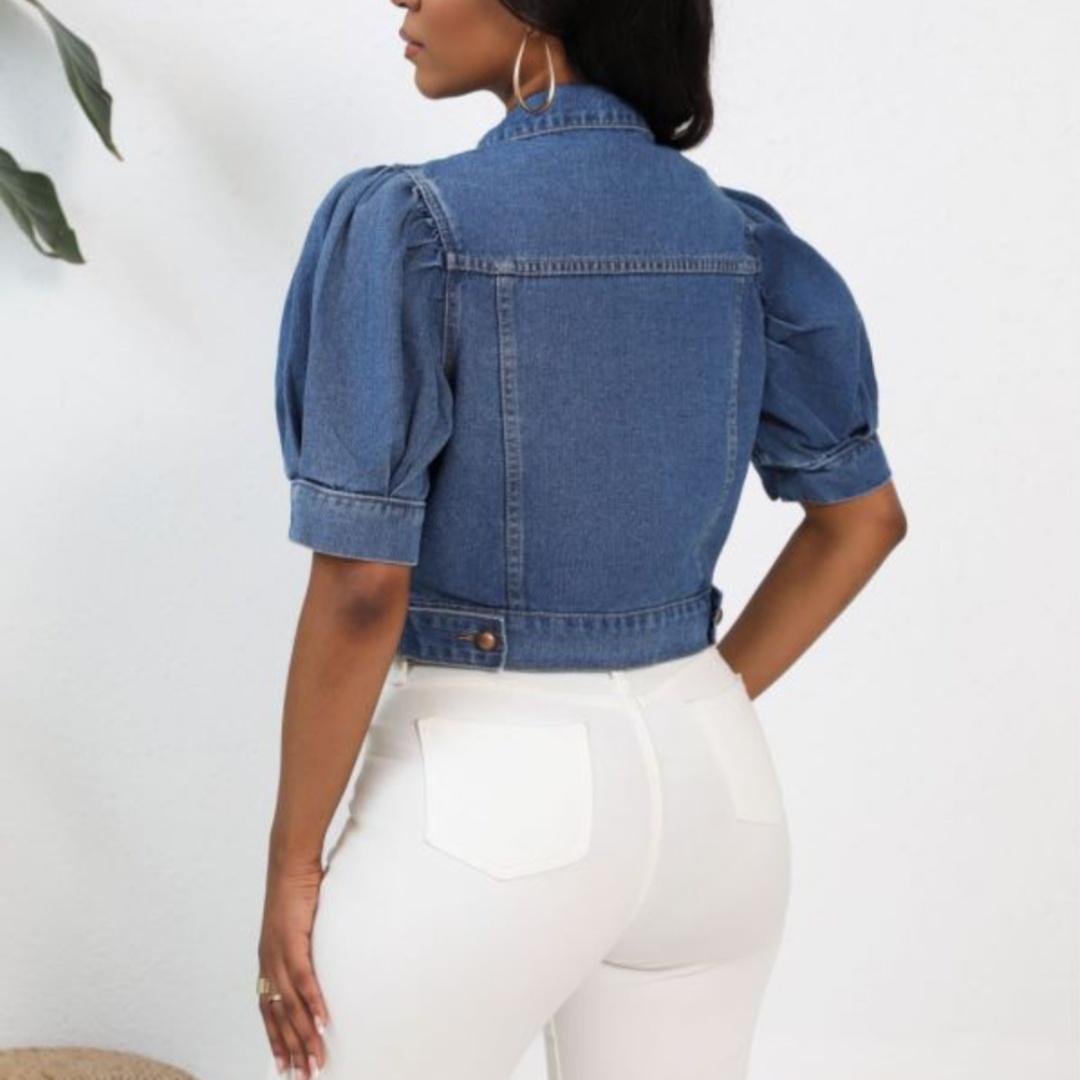 Puff Sleeve Cropped Denim Jacket | Short Sleeve Button-Up Jean Jacket | Casual Summer Denim Outerwear for Women 2026