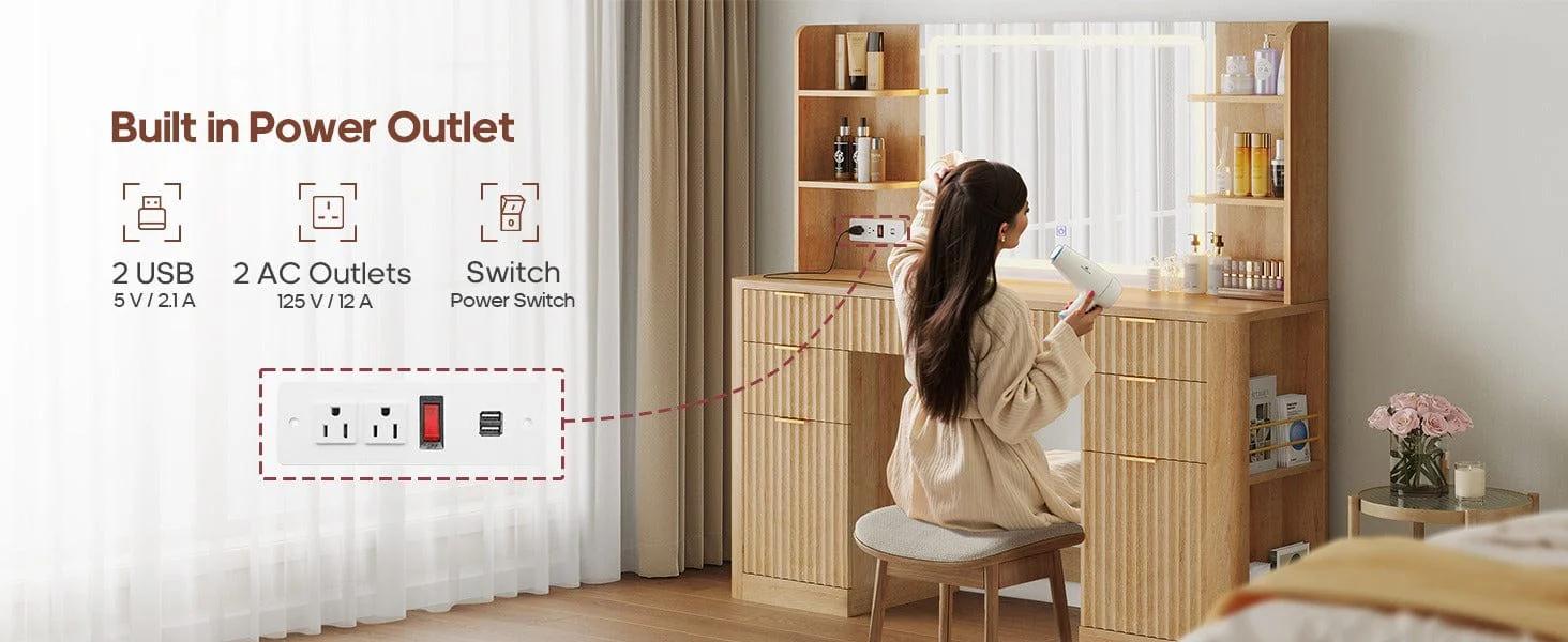 51.2 Inches Fluted Makeup Vanity with Mirror and Lights Oak