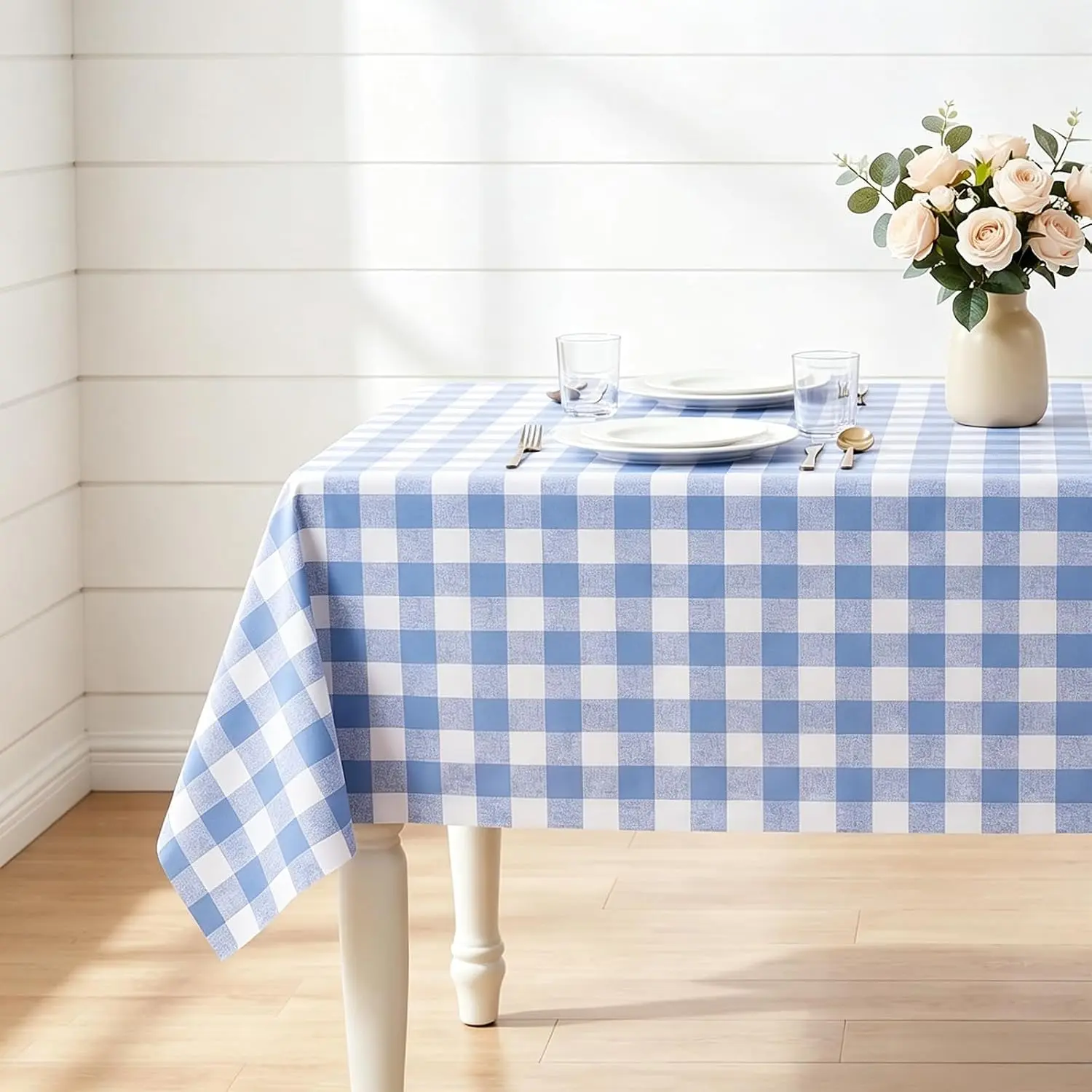 Gingham Vinyl Tablecloth, Heavy Duty Oil Spill Proof Checkered PVC Table Cloth, Wipeable Outdoor Picnic Table Cover for Dining, Parties, Camping, Picnic, Patio (54"x120", Light Blue)