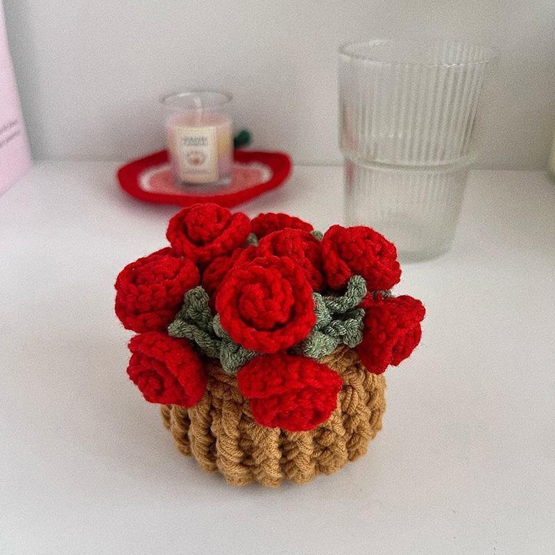 Rose Crochet Coasters with Plant Pot Handmade Knitted Flower Bouquet Coaster Coffee Table Cupmat Placemat Home Office Decor