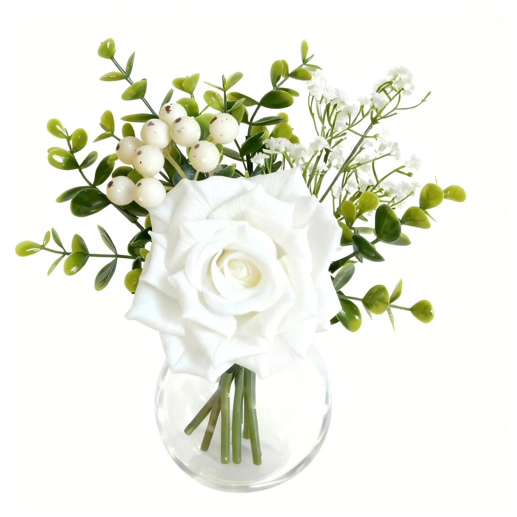 Artificial White Roses & Eucalyptus Arrangement in Vase – Realistic Baby's Breath, Faux Flowers Centerpiece, Modern Farmhouse Decor for Wedding, Dining Table, Home & Kitchen – Low Maintenance