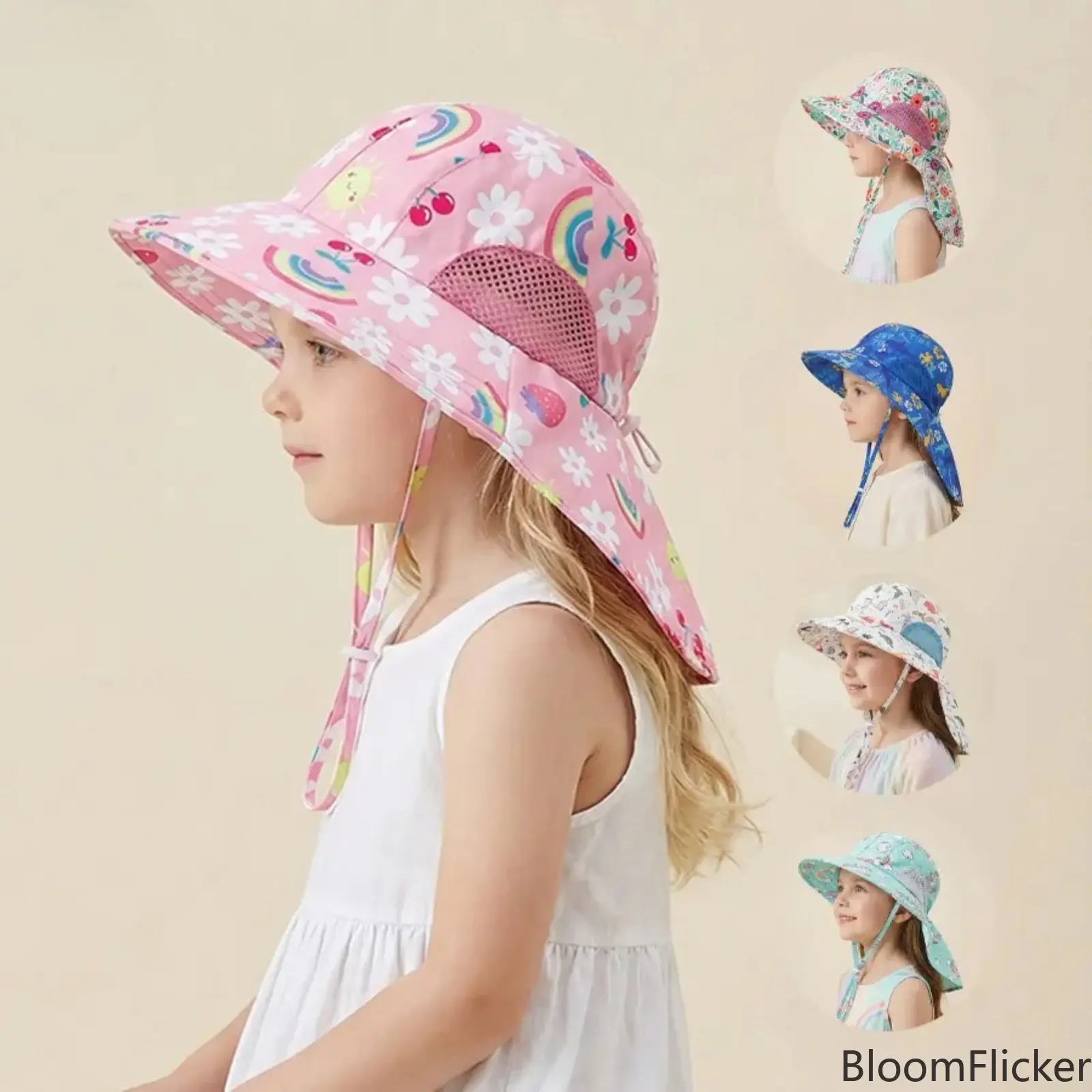 Multi Print Floral Kids UV Protection Bucket Sun Hat, Adjustable Chin Strap & Mesh Neck Flap, Breathable Lightweight Outdoor Cap For Boys Girls, Ideal Summer Travel, Beach & Pool Daily Sun Protection