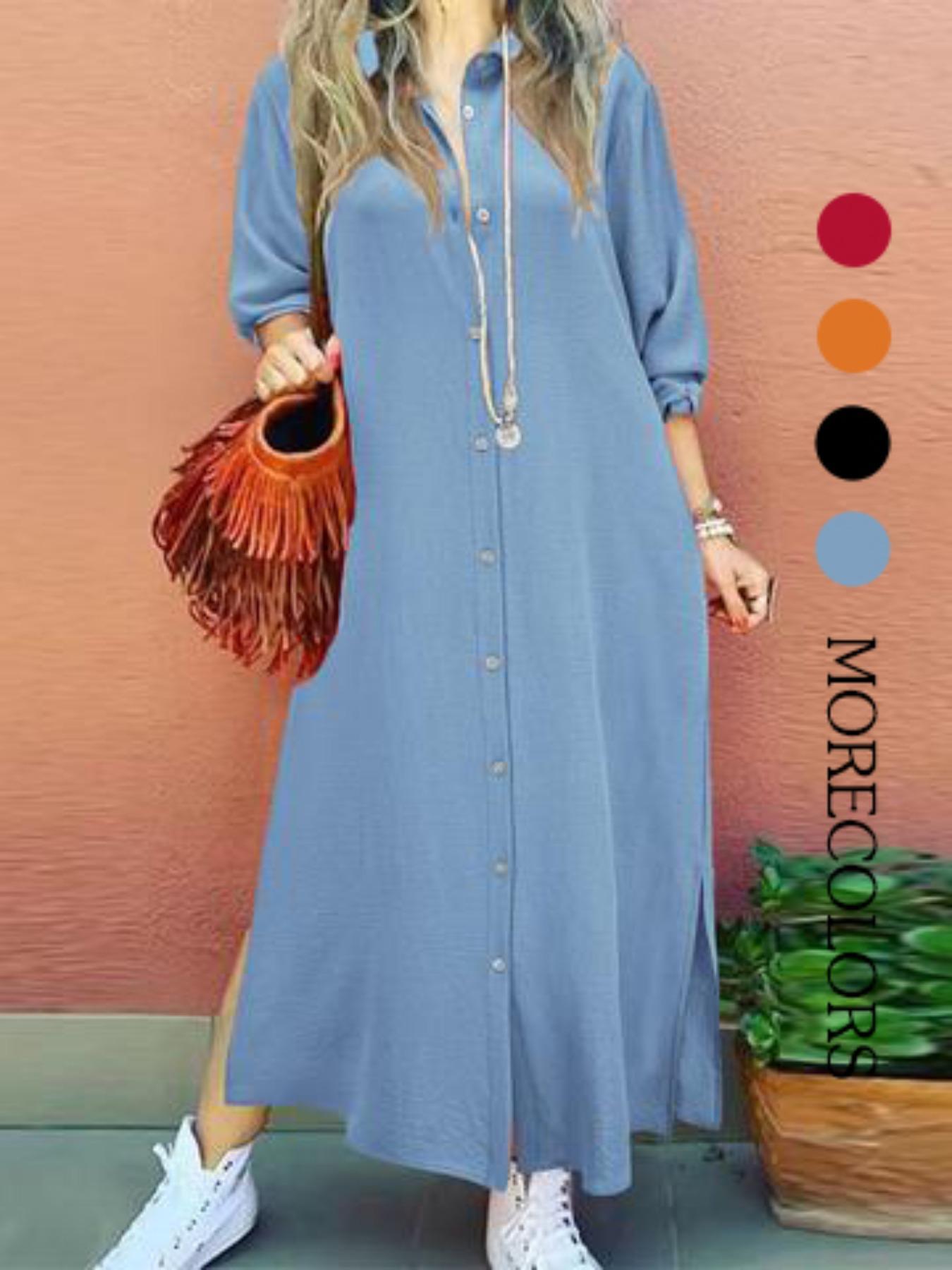 Women's Plain Collared Button Shirt Collar Long Sleeve Dress, Casual Fashion Long Dress for Daily Outdoor Wear, Women Dress for Spring, Womenswear