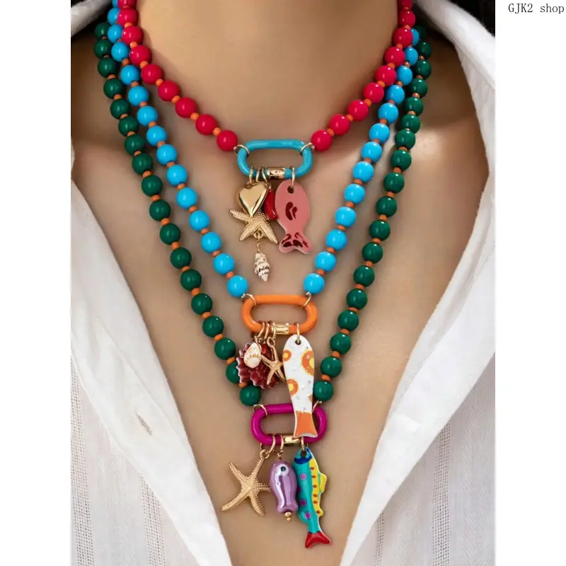3Pcs Summer Vacation Layered Resin Bead Necklace Set for Women, Tropical Ocean Fish Starfish Shell Charm Jewelry, Boho Dopamine Colorful Accessory for Beach Pool Party Casual Holiday Gift for Her
