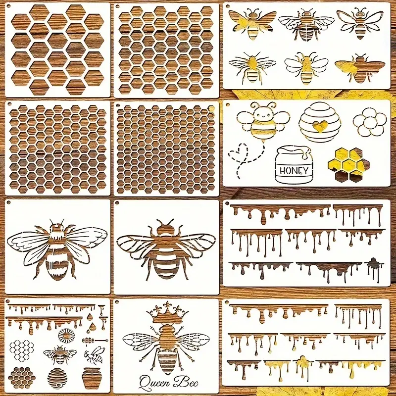 [Bee Painting Template] 12-piece bee painting template, hollow-out color template, wall painting album decoration template, DIY hand-painting template, painting notebook, graffiti printing spray-painting template, Coloring Supplies