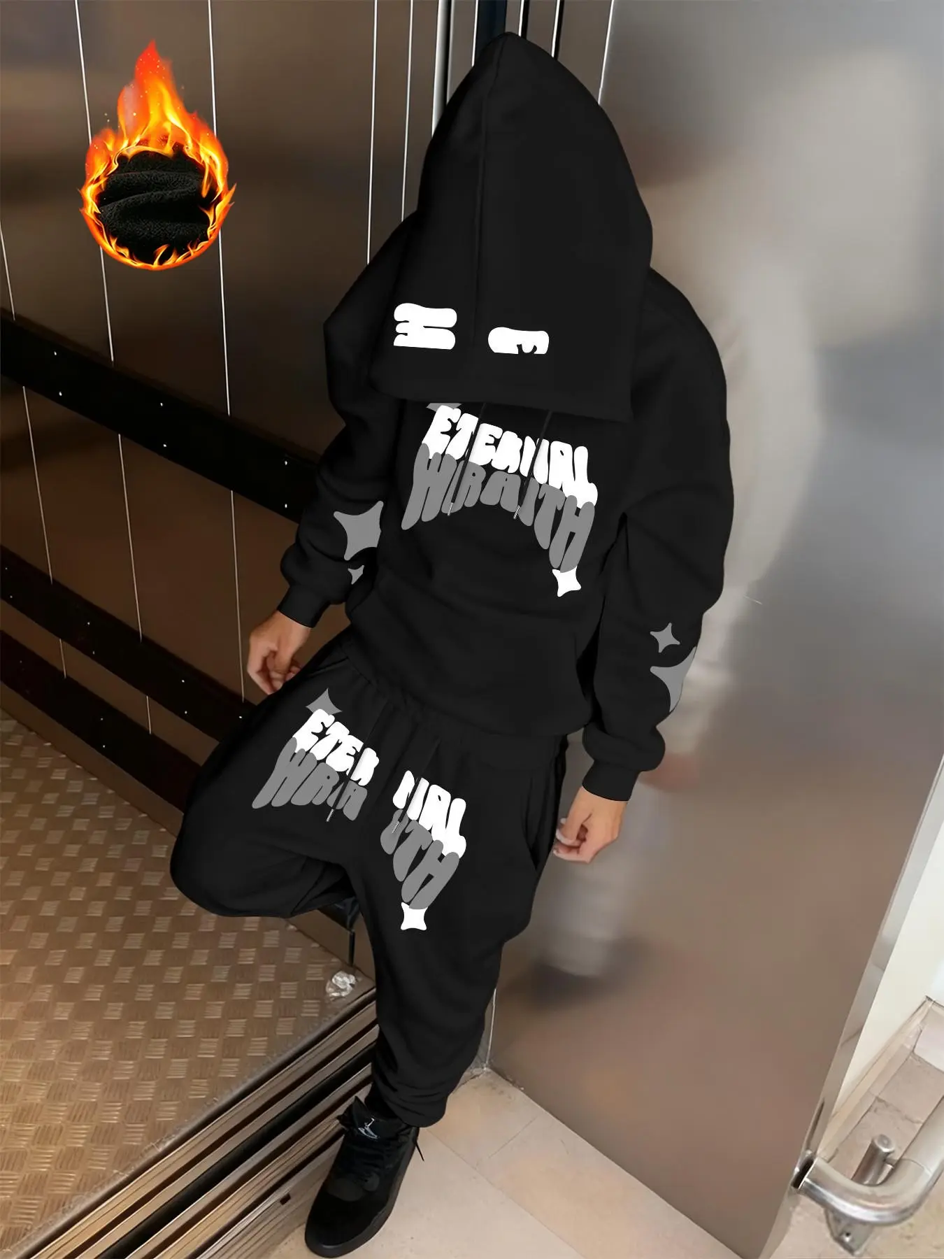 2 Piece Men's Casual Hoodie and Drawstring Waist Sweatpants Set, Stylish Letter Print Star Pattern, Long Sleeve Comfortable for Outdoor Activities, Track Pants Set