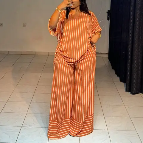 Women's 2-Piece Striped Oversized Loose-Fit V-Neck Thin Drape Baggy Wide-Leg Pants Suit, Summer New Fashion Casual Loose Fit Set, Women 2 Piece Sets