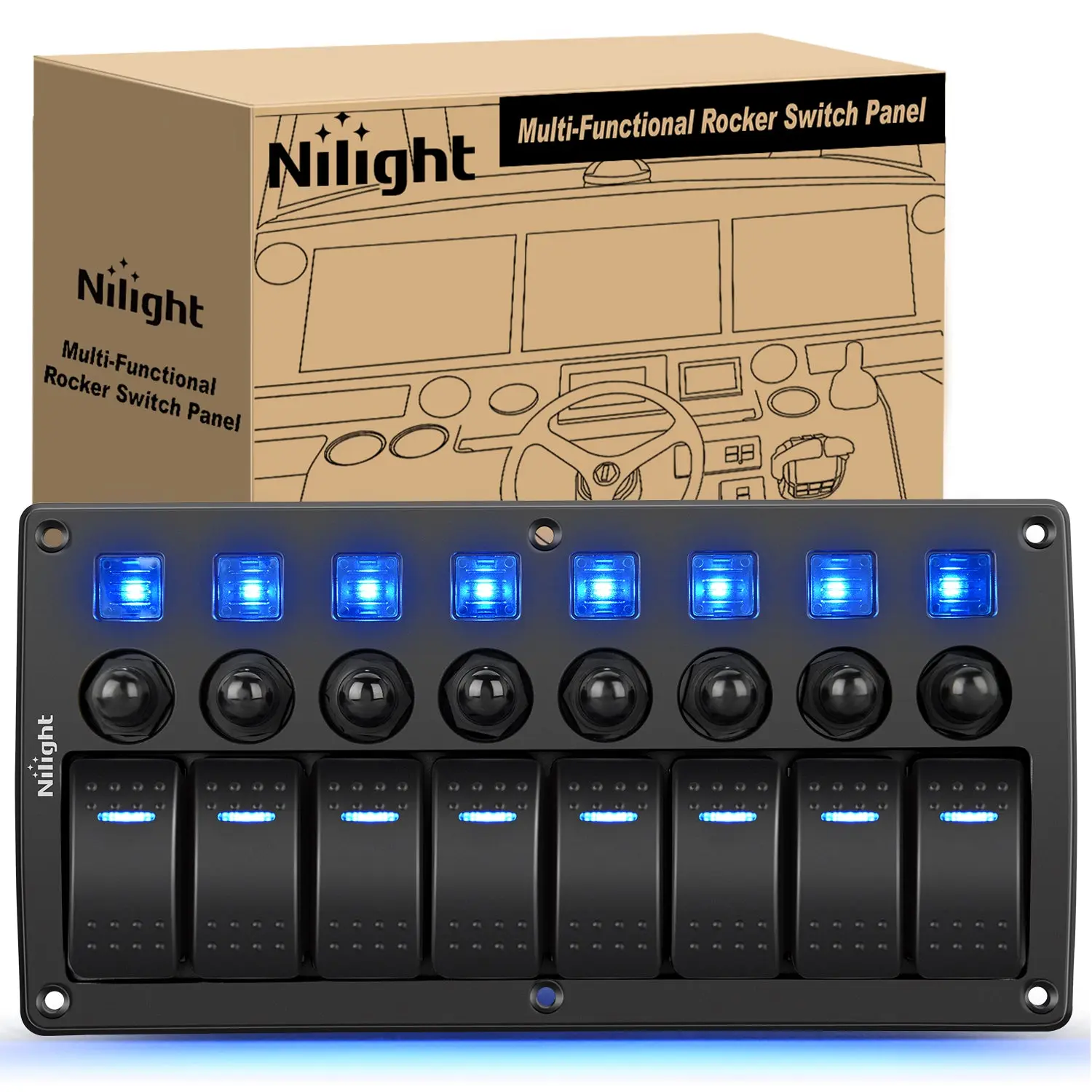 Nilight 8-Gang Pre-Wired Waterproof Rocker Switch Panel - 8-Gang Setup, Resettable Circuit Breakers (5A,10A,15A), LED Backlight, 3-Pin 12V-24V ON-Off Toggle Switches, Screw Included, Easy Installation, for Most DC 12V-24V Cars, Caravan, Marine Boat